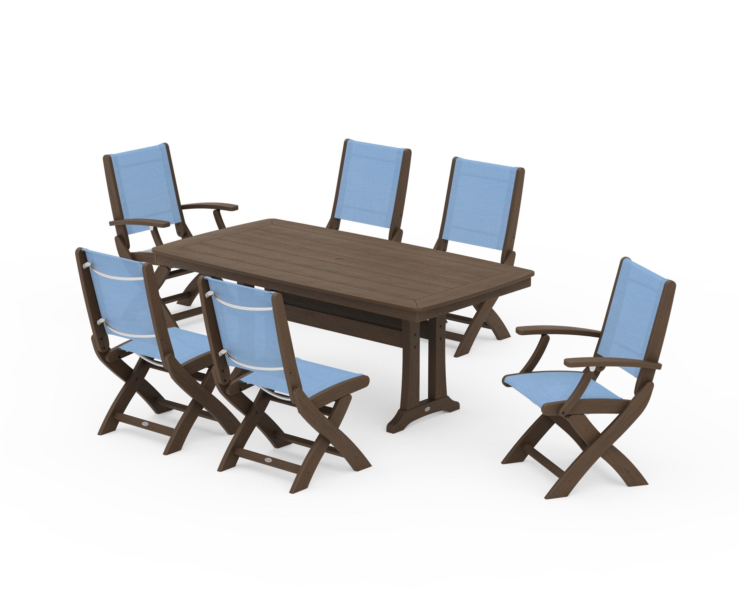 Coastal Folding Chair 7-Piece Dining Set with Trestle Legs in Kona / Poolside Sling