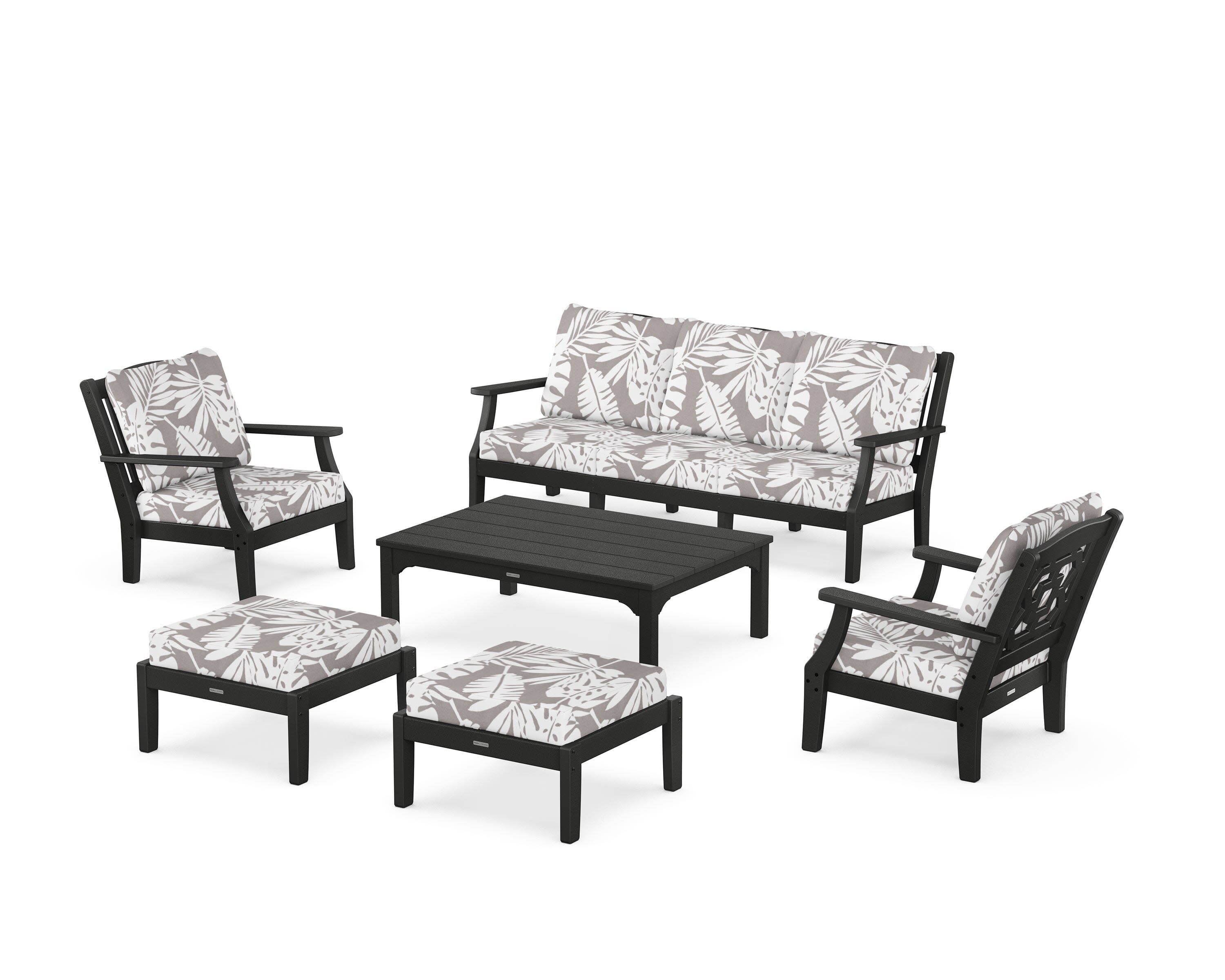 Chinoiserie 6-Piece Lounge Sofa Set in Black / Leaf Grey Mist