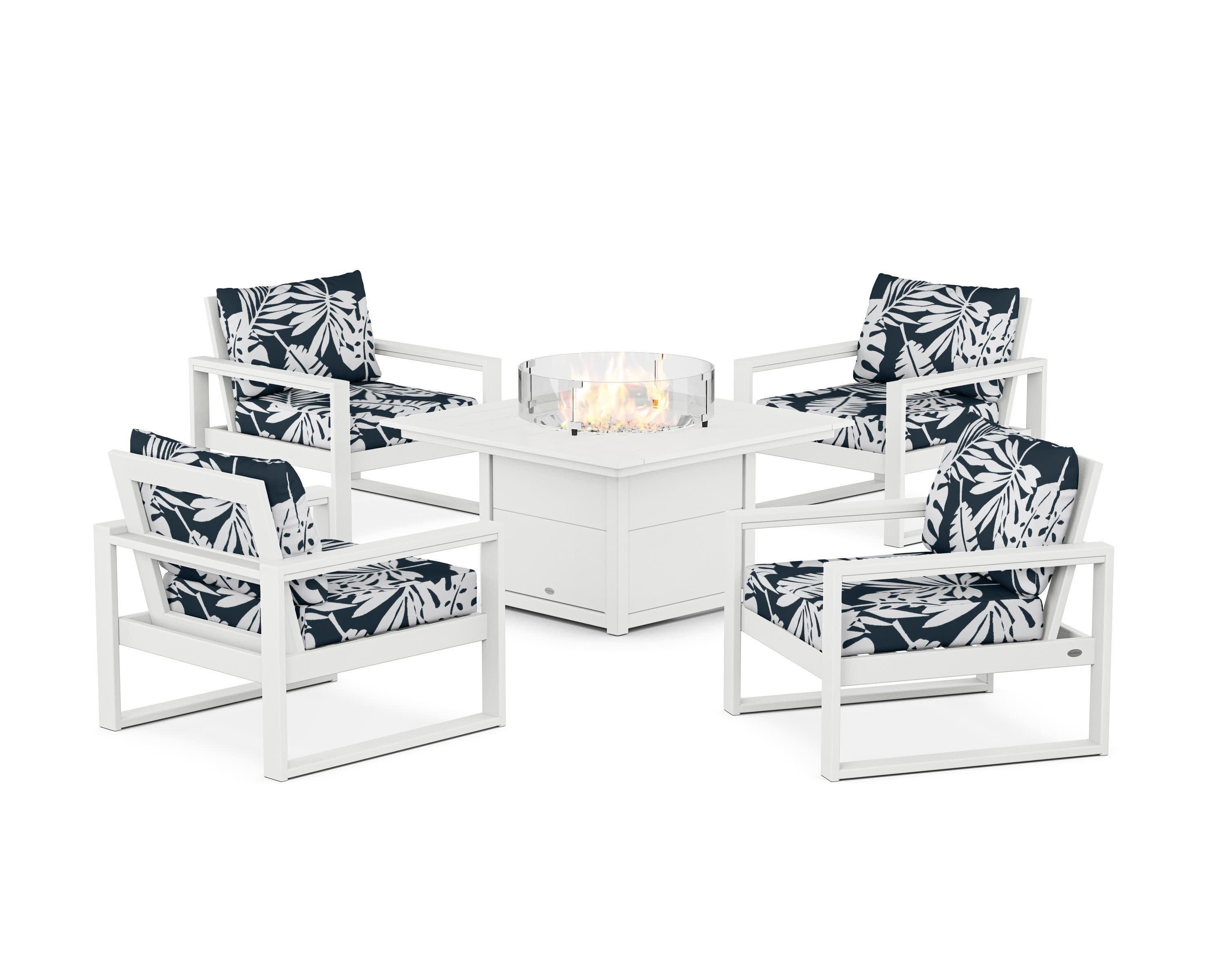 EDGE Sectional 5-Piece Deep Seating Set with Fire Pit Table in White / Leaf Marine Indigo