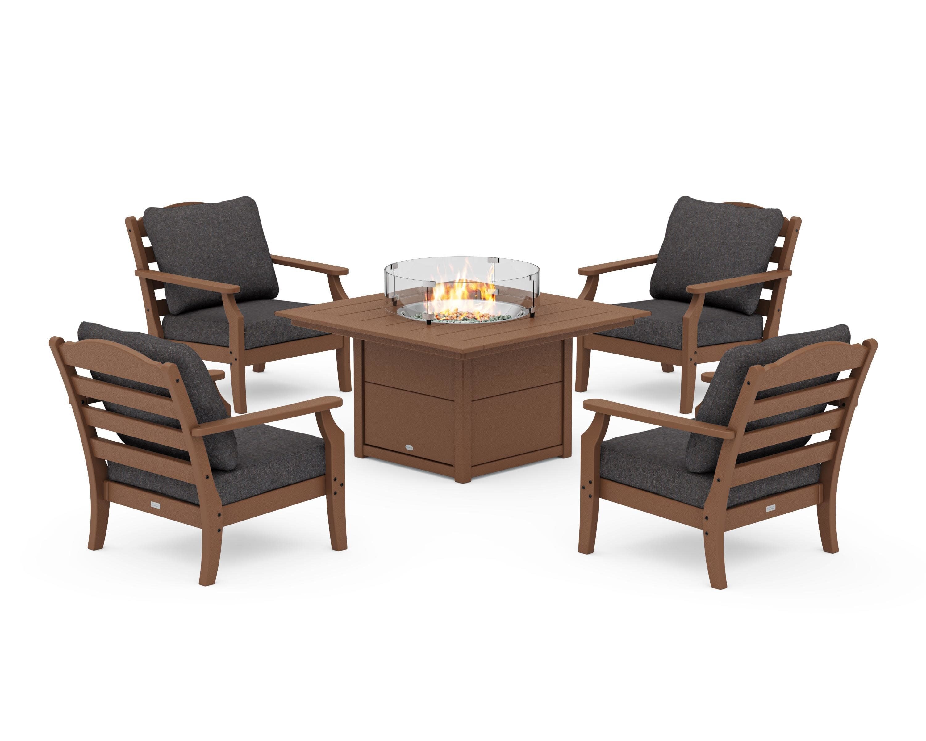 Savannah 5-Piece Deep Seating Set with Fire Pit Table in Teak / Ash Charcoal