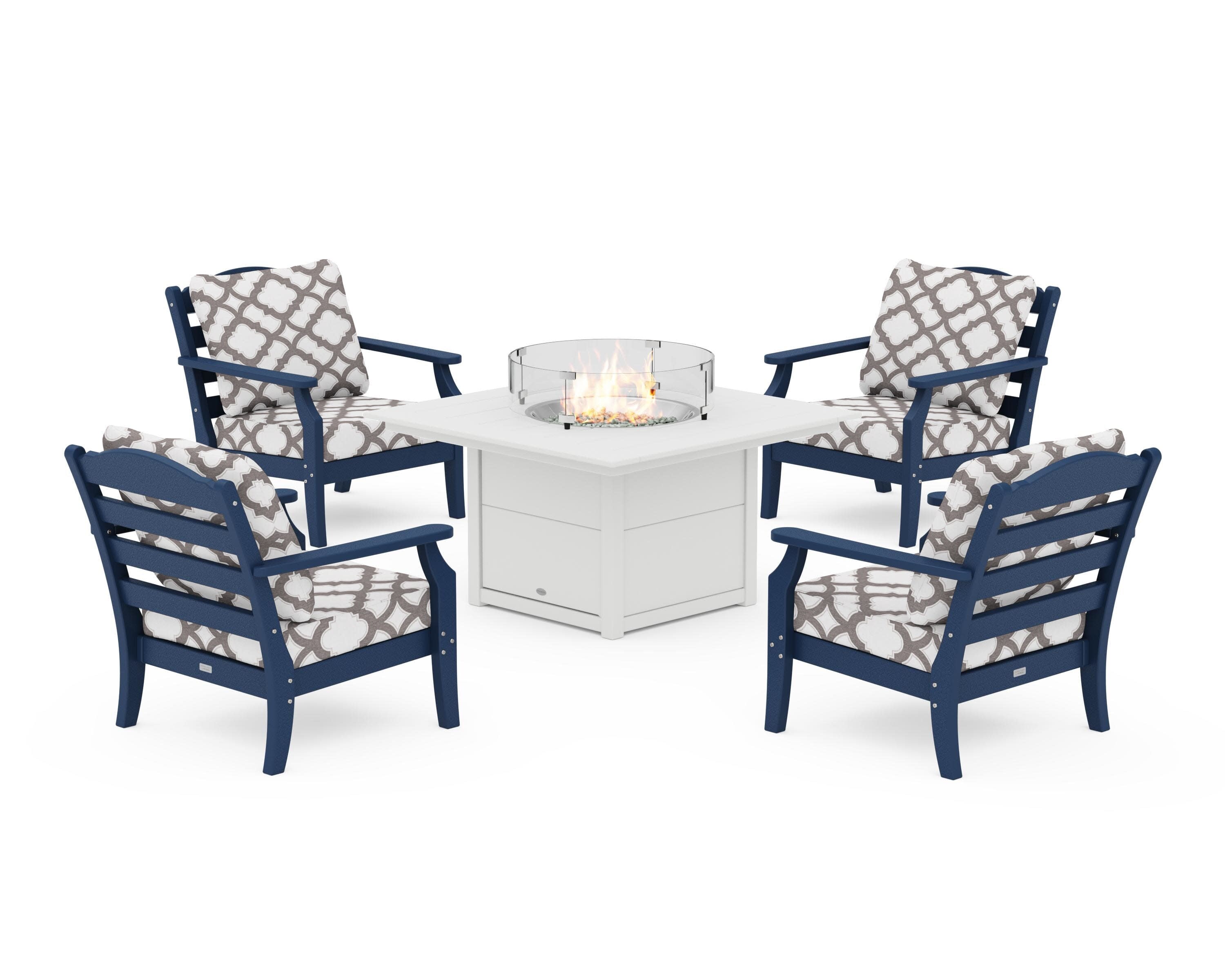Savannah 5-Piece Deep Seating Set with Fire Pit Table in Navy / Trellis Grey Mist
