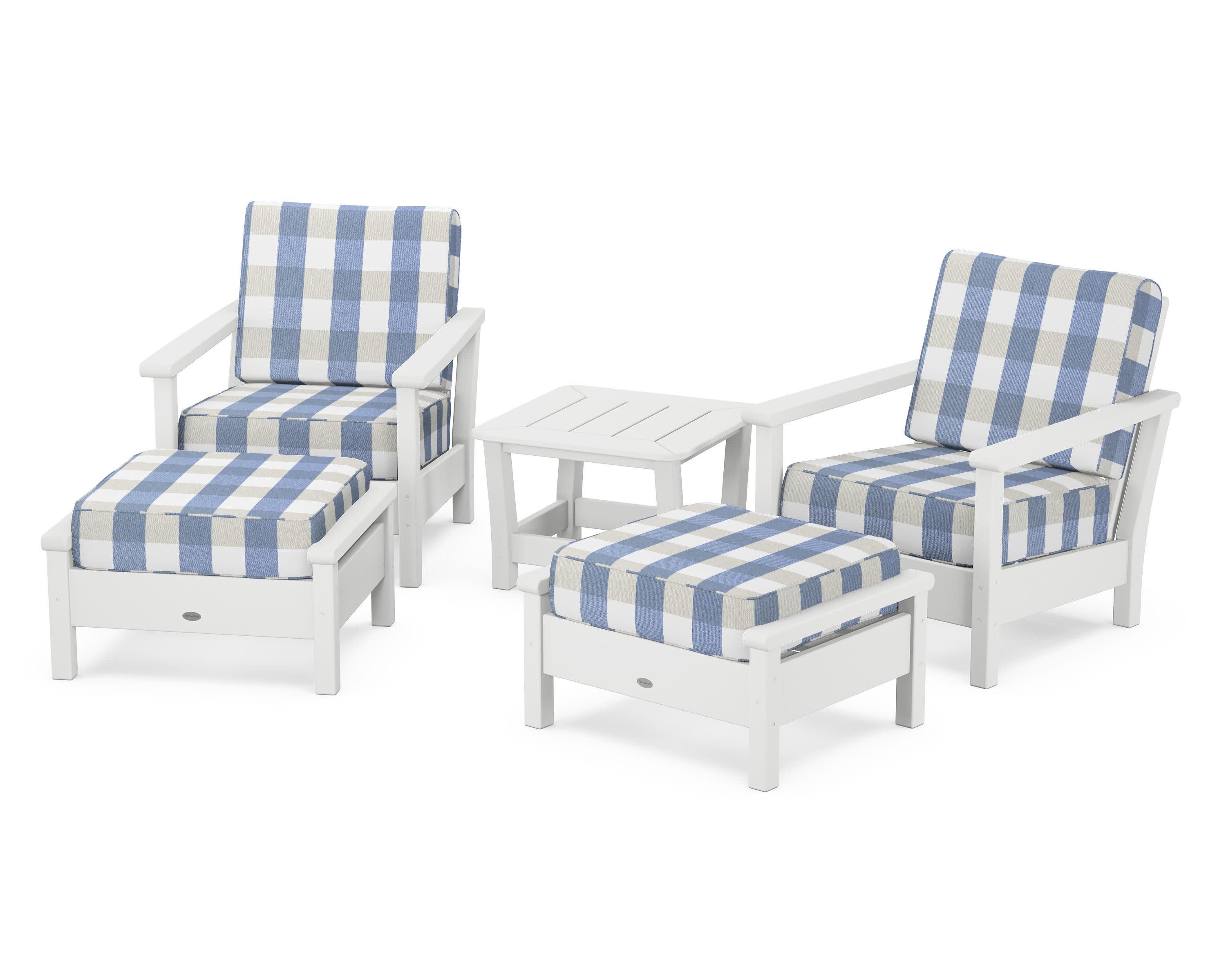 Harbour 5-Piece Deep Seating Chair Set in White / Buffalo Plaid Sky Blue