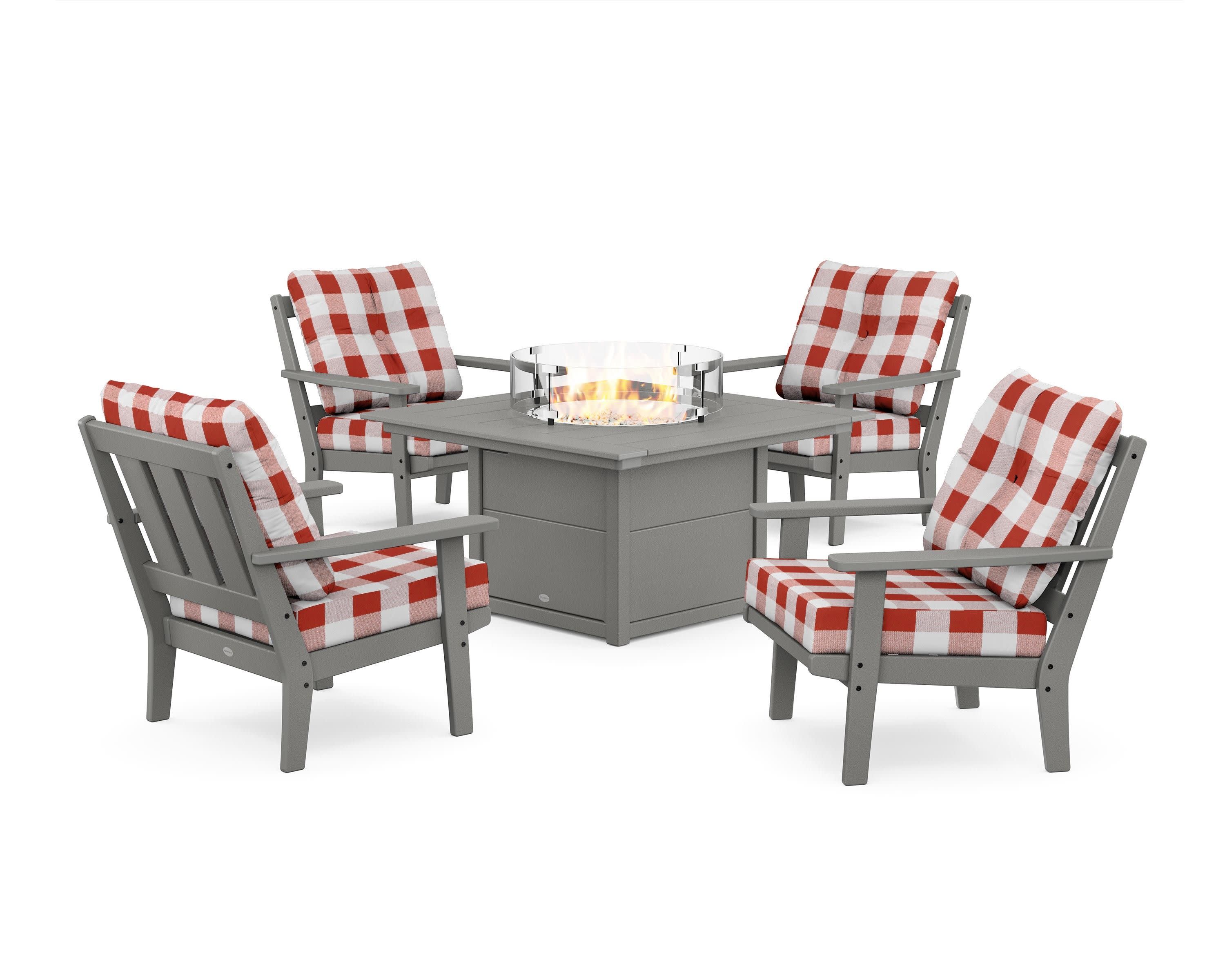 Oxford 5-Piece Deep Seating Set with Fire Pit Table in Slate Grey / Buffalo Plaid Crimson