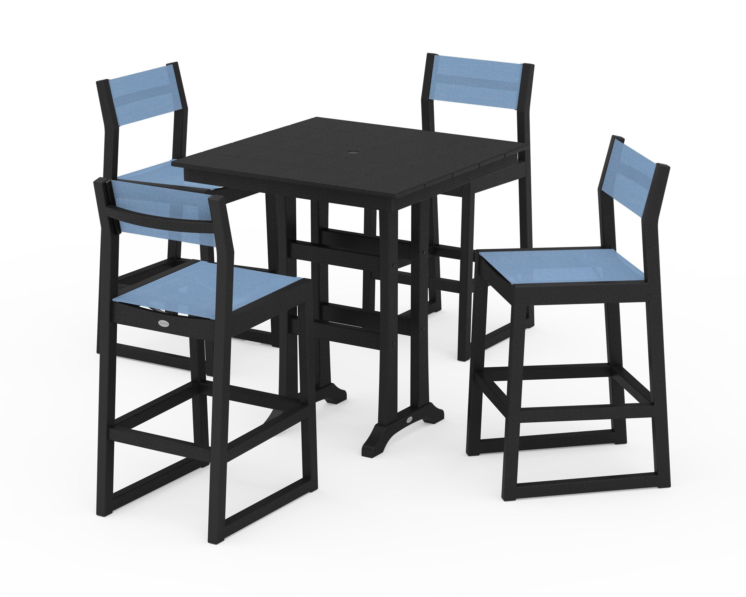 EDGE Sling Arm Chair 5-Piece Farmhouse Bar Set with Trestle Legs in Black / Poolside Sling