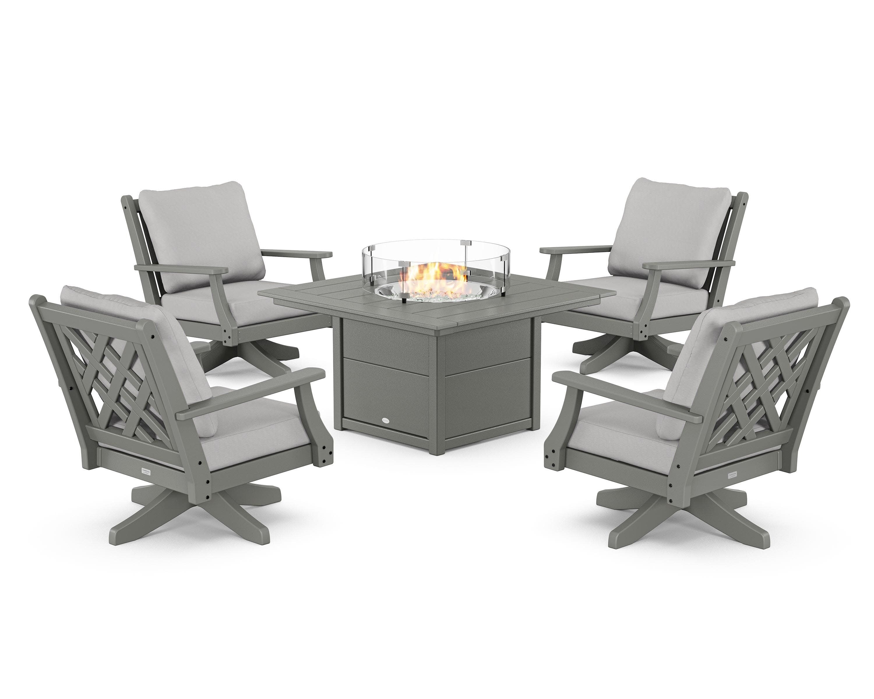 Wovendale 5-Piece Deep Seating Swivel Conversation Set with Fire Pit Table in Slate Grey / Diamond in the Rough