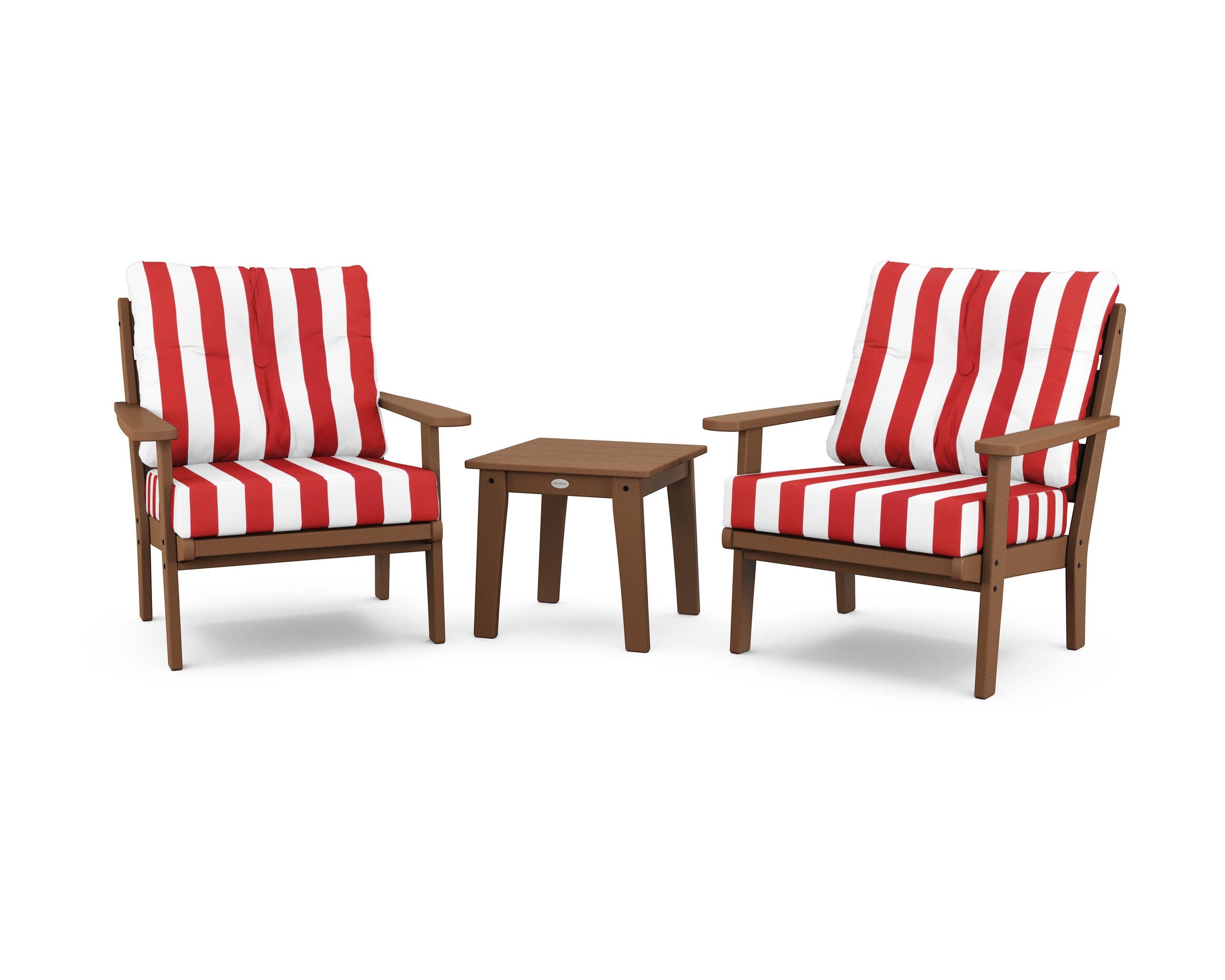 Lakeside 3-Piece Deep Seating Chair Set in Teak / Cabana Stripe Crimson