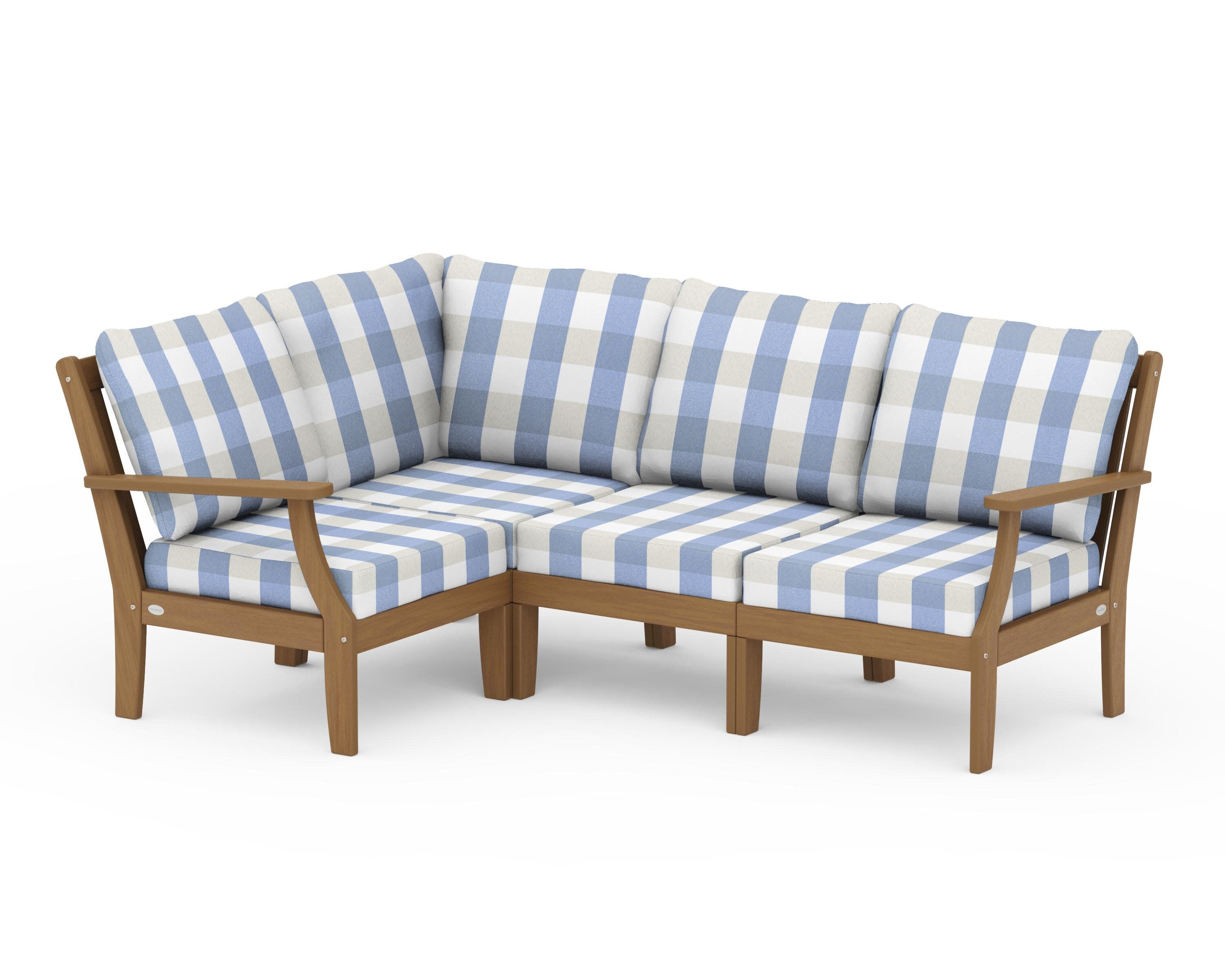 Braxton Modular 4-Piece Deep Seating Set in Natural / Buffalo Plaid Sky Blue