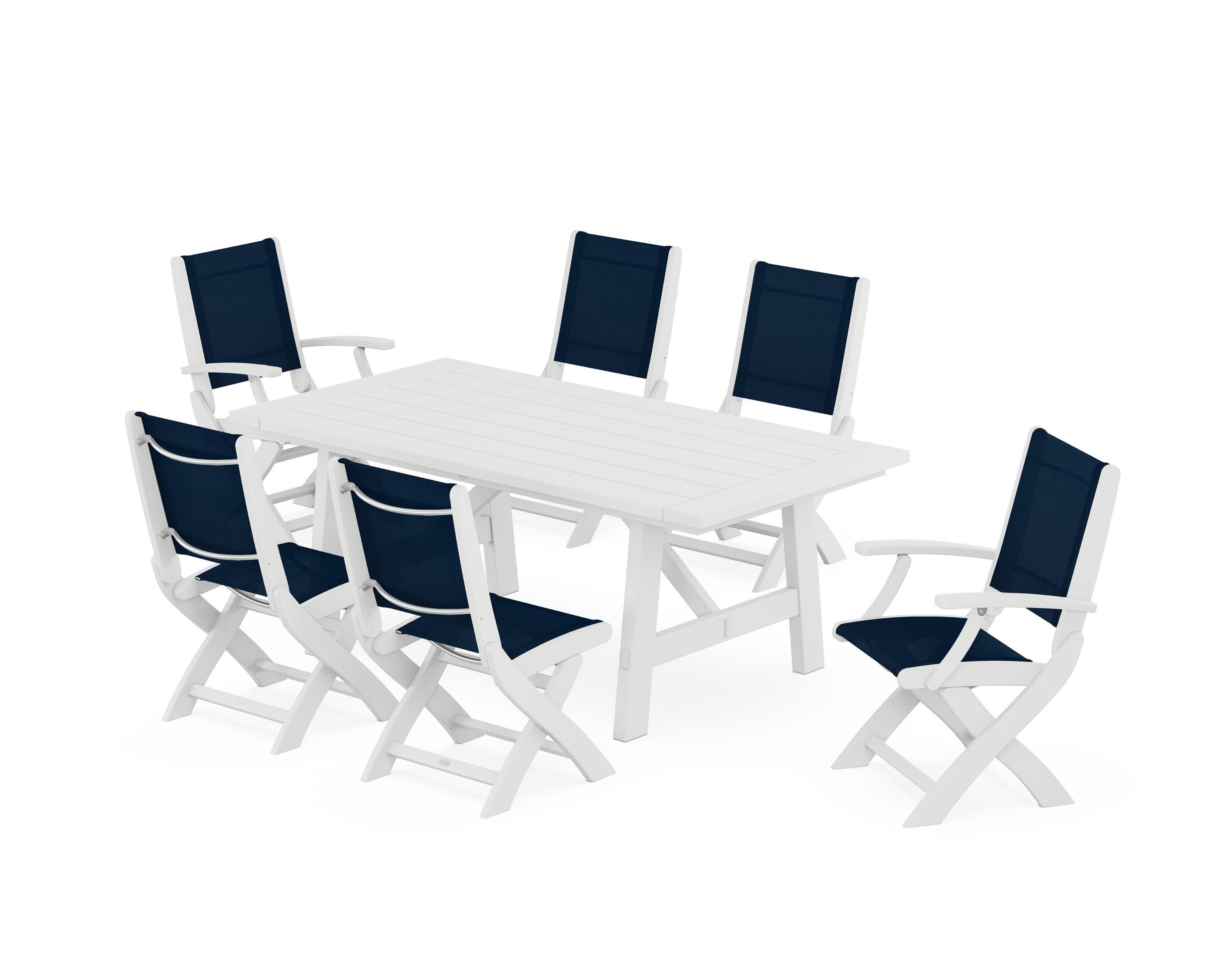 Coastal Folding Chair 7-Piece Rustic Farmhouse Dining Set in White / Navy Blue Sling