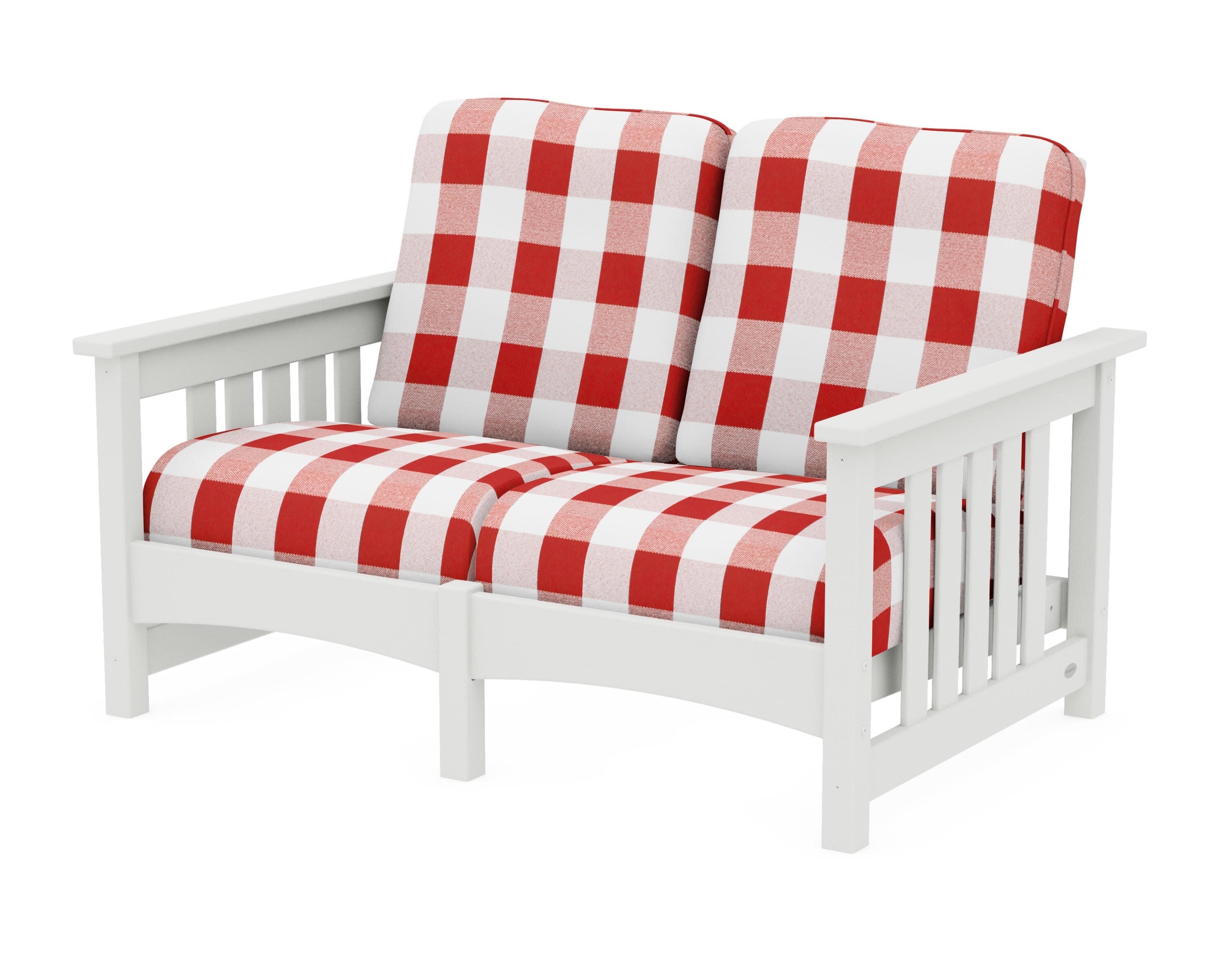 Club Mission Loveseat in Vintage White / Buffalo Plaid Crimson