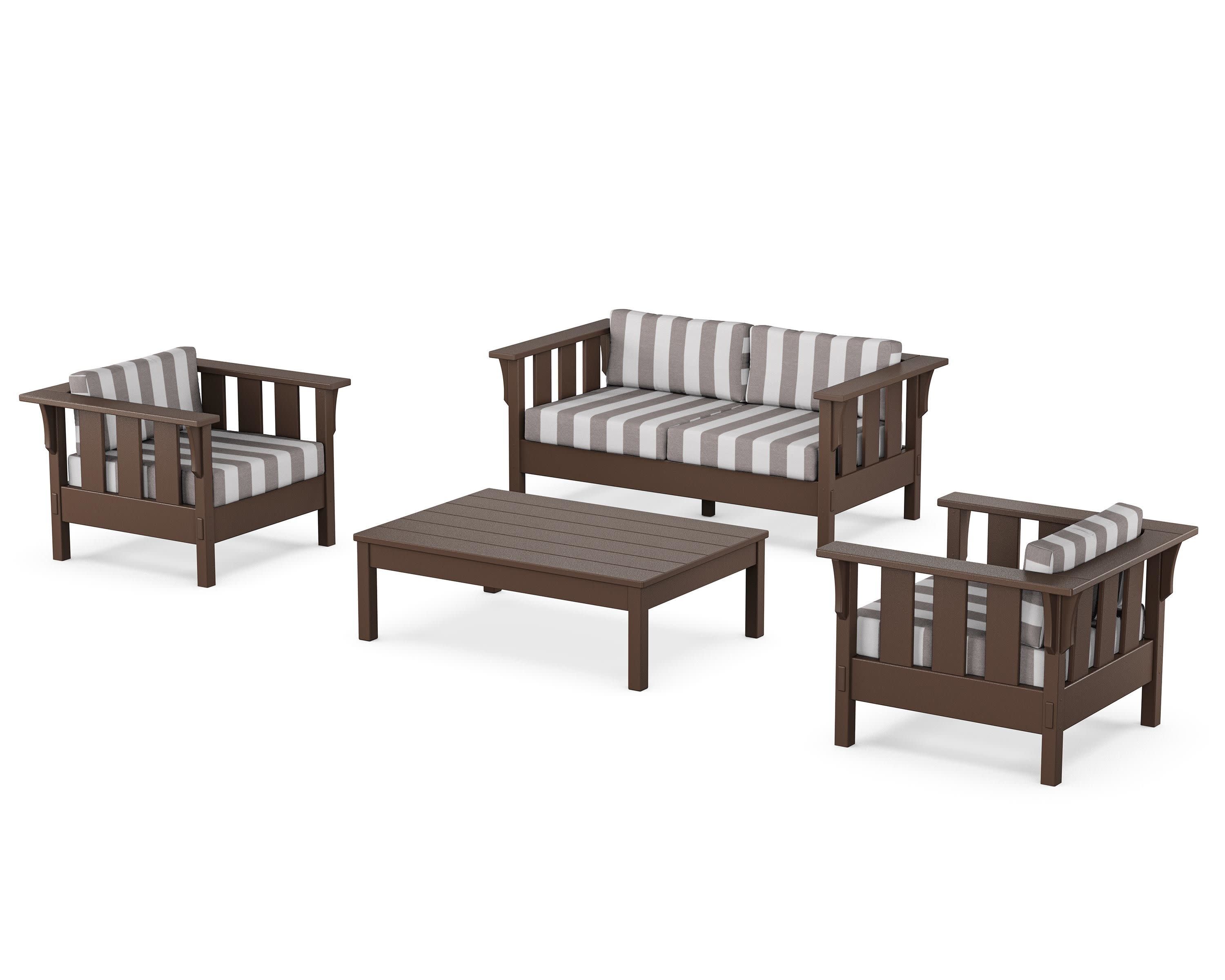 Acadia 4-Piece Deep Seating Set with Loveseat in Mahogany / Cabana Stripe Grey Mist