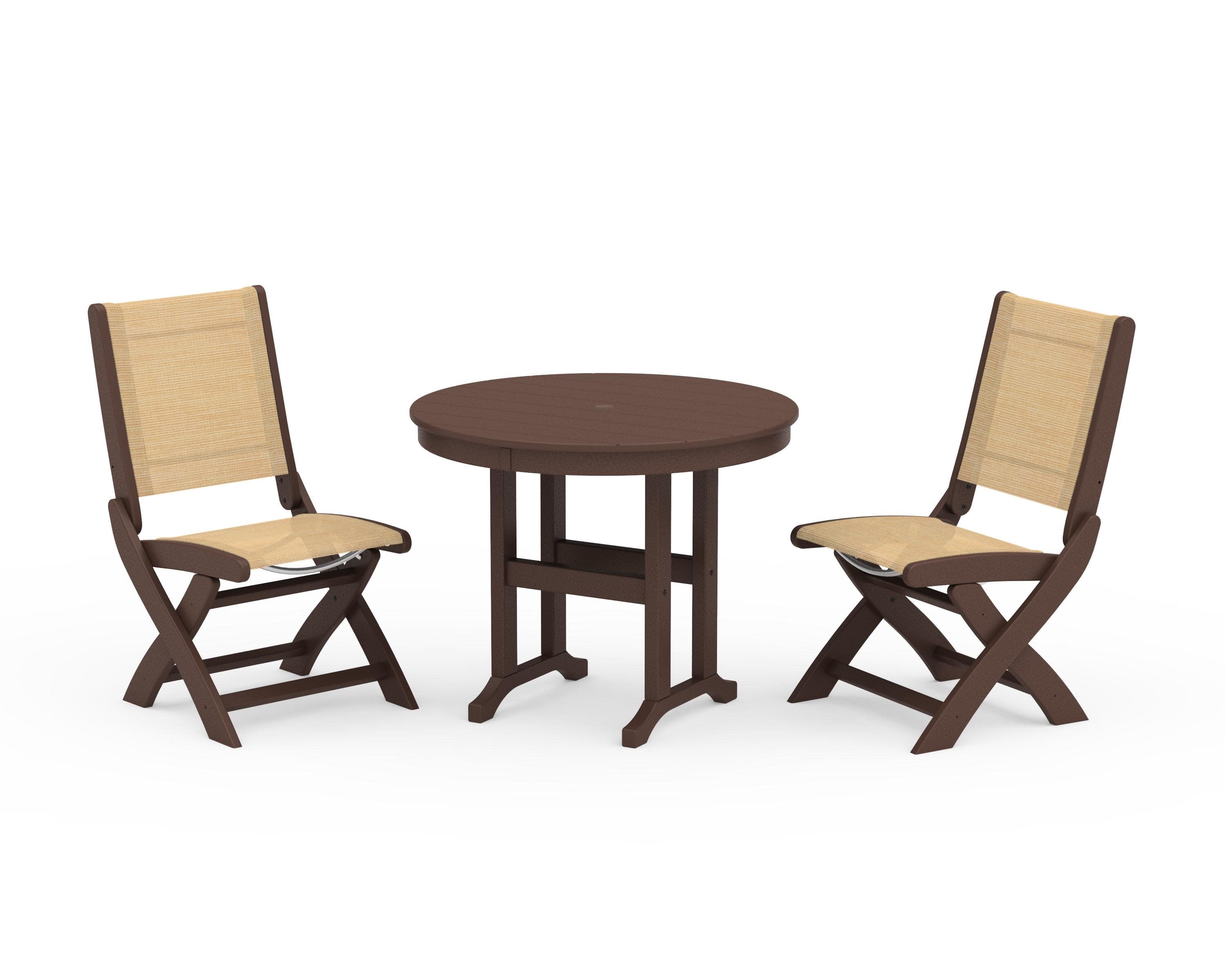 Coastal Folding Side Chair 3-Piece Round Dining Set in Mahogany / Dupioni Apricot Sling