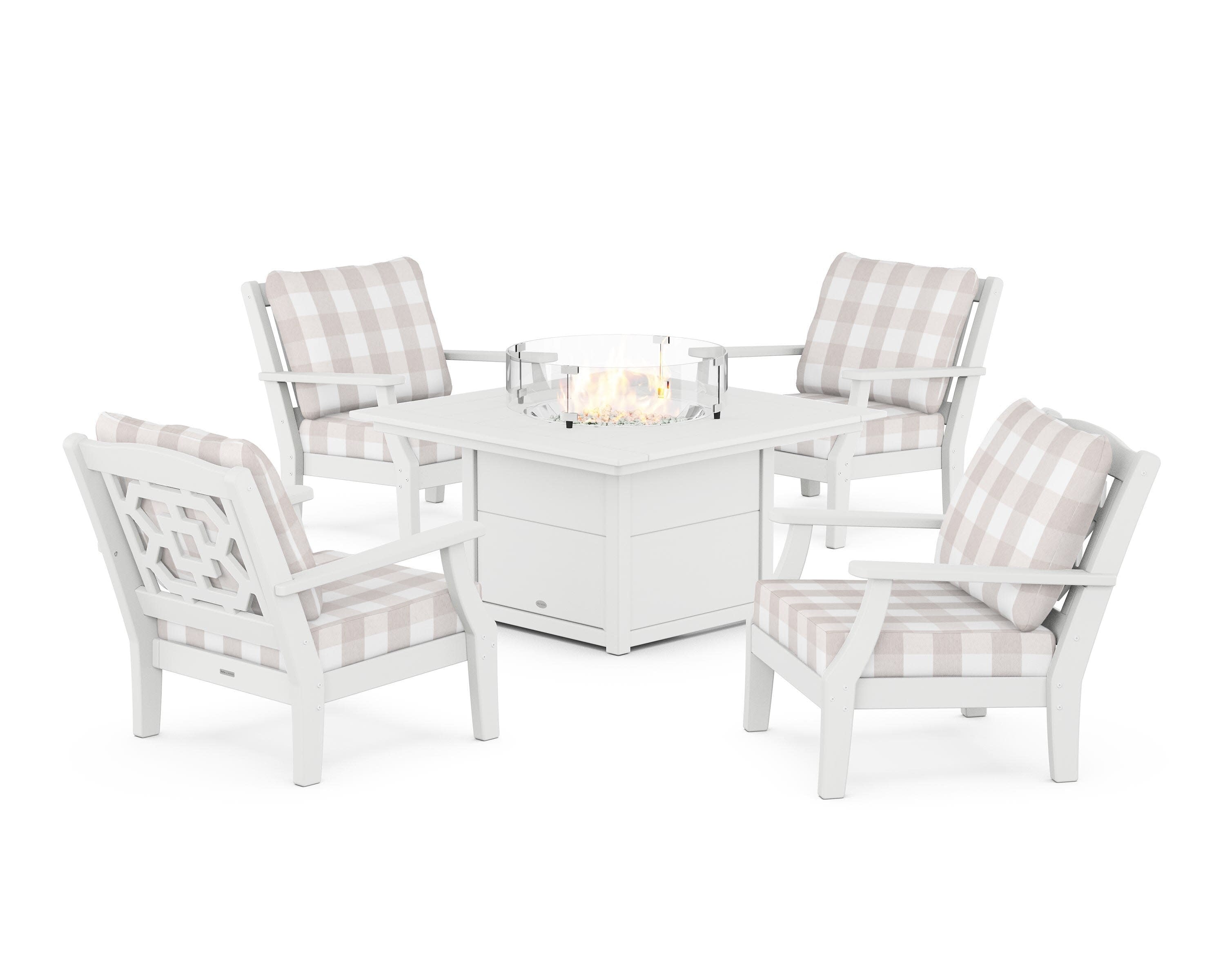 Chinoiserie 5-Piece Deep Seating Set with Fire Pit Table in White / Buffalo Plaid Dune Burlap