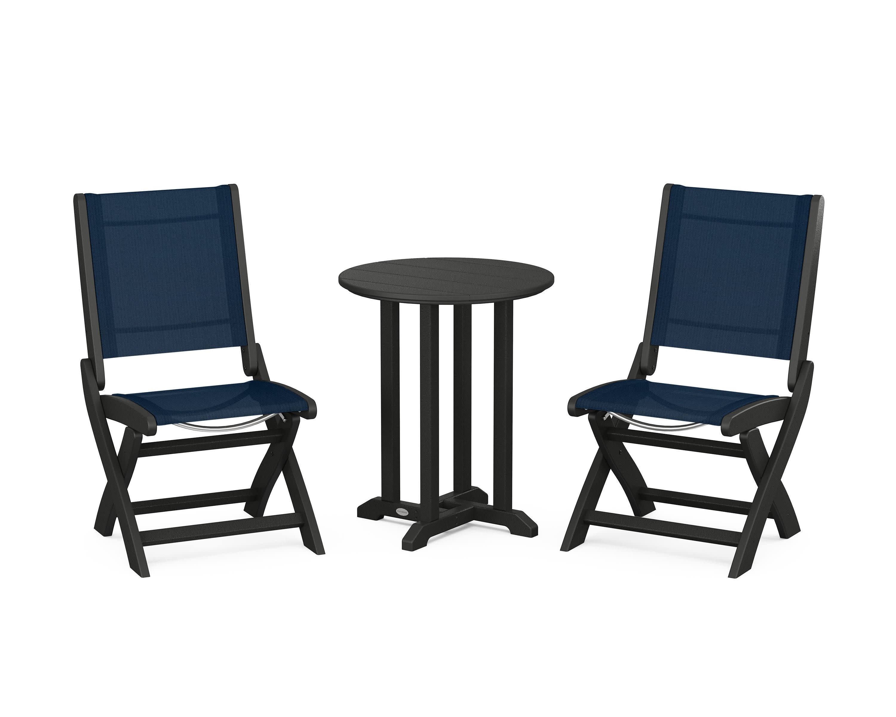 Coastal Folding Side Chair 3-Piece Round Bistro Dining Set in Black / Navy Blue Sling