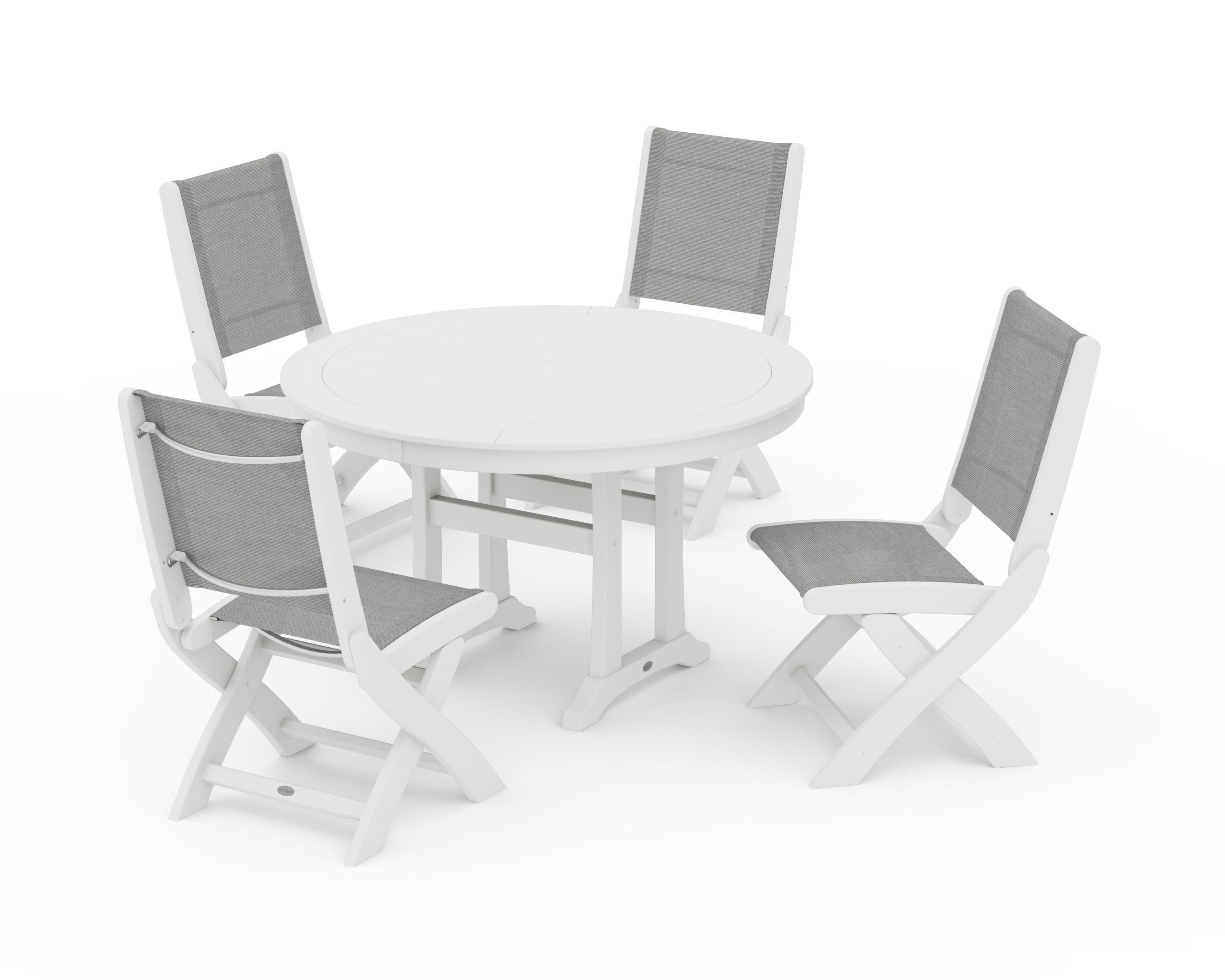 Coastal Folding Side Chair 5-Piece Round Dining Set With Trestle Legs in White / Metallic Sling