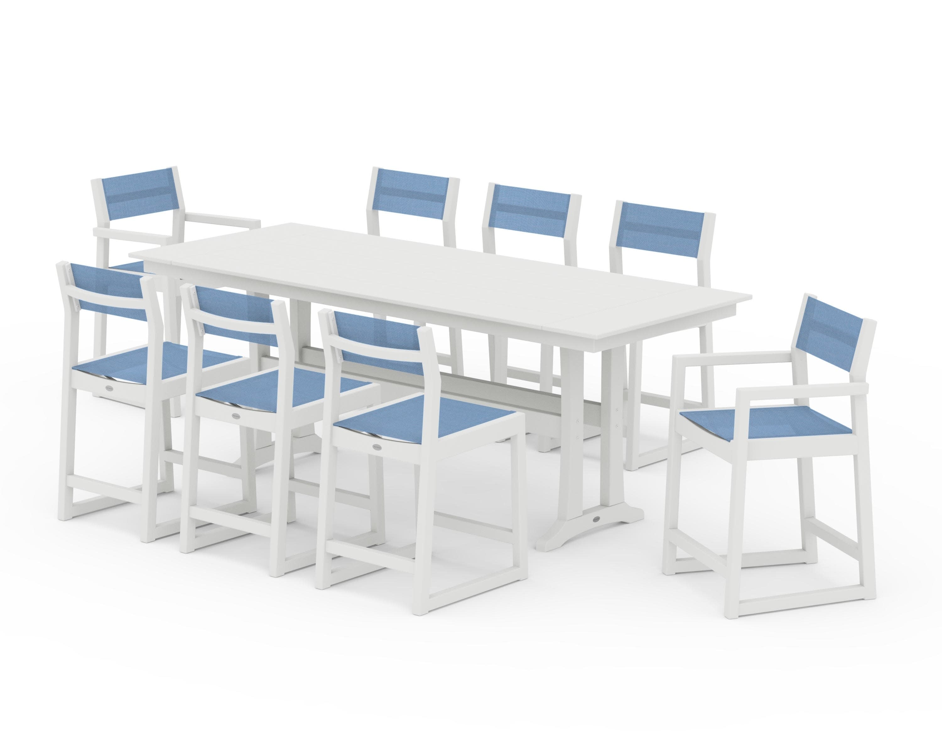 EDGE Sling 9-Piece Farmhouse Counter Set with Trestle Legs in Vintage White / Poolside Sling