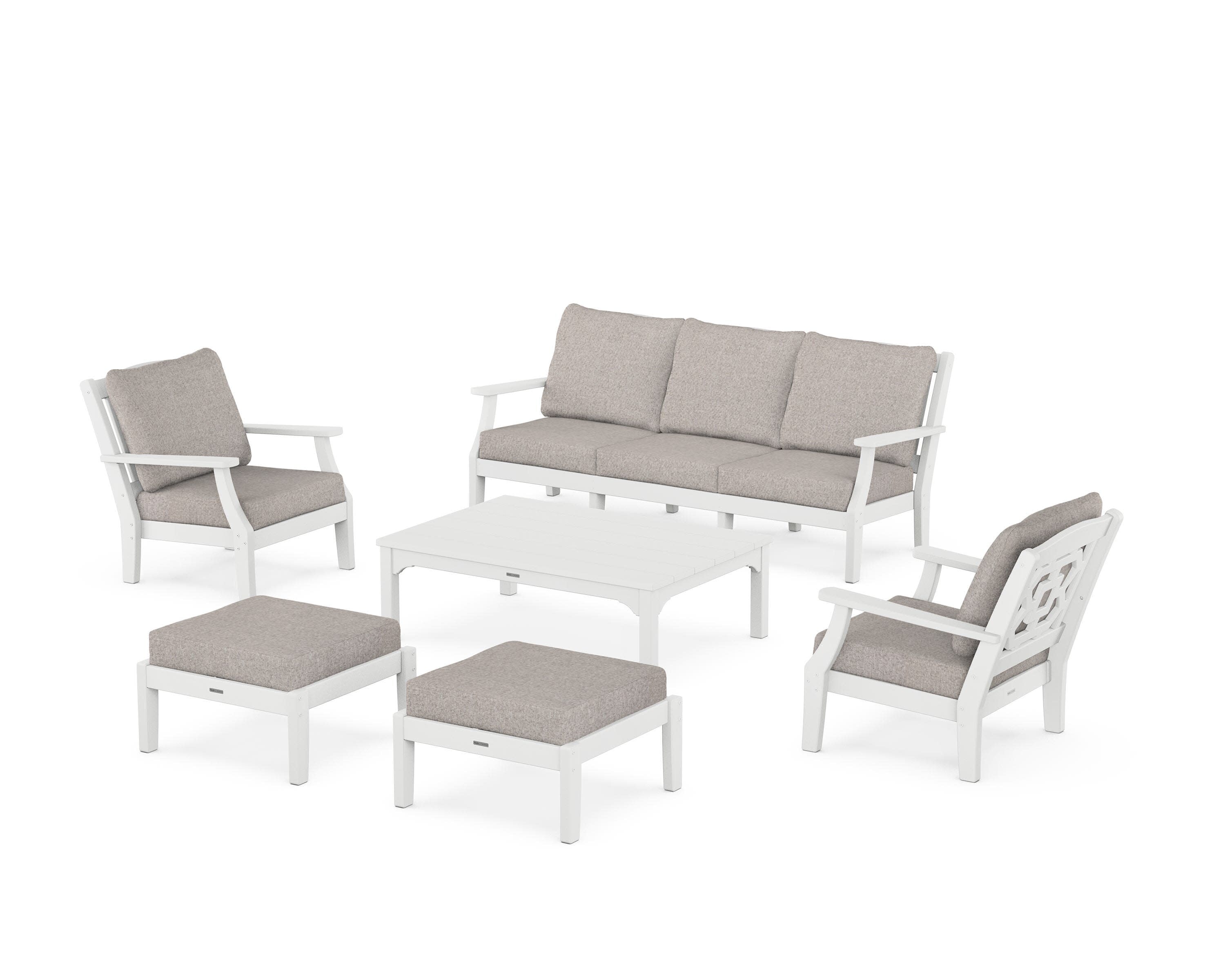 Chinoiserie 6-Piece Lounge Sofa Set in White / Weathered Tweed