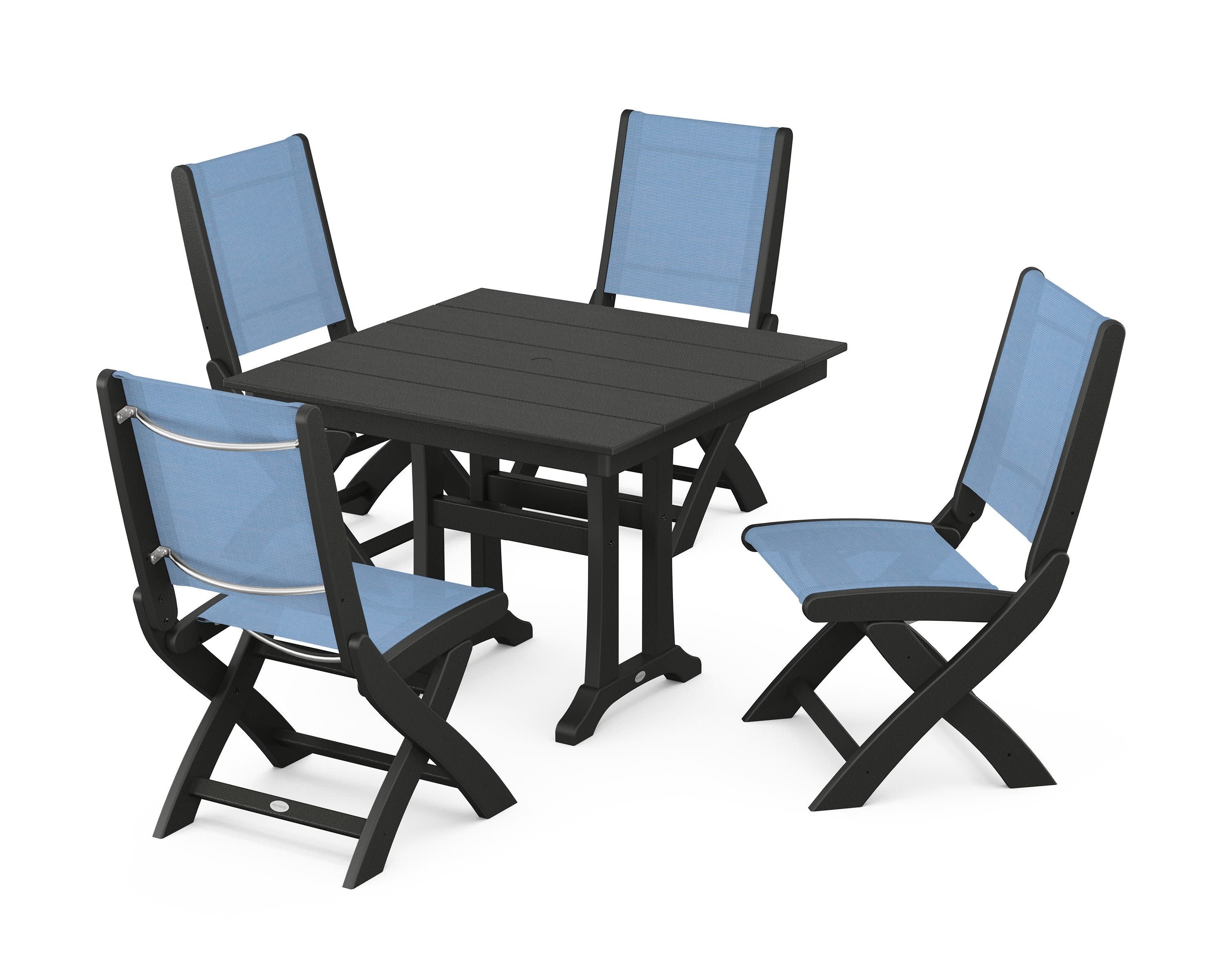 Coastal Folding Side Chair 5-Piece Farmhouse Dining Set With Trestle Legs in Black / Poolside Sling