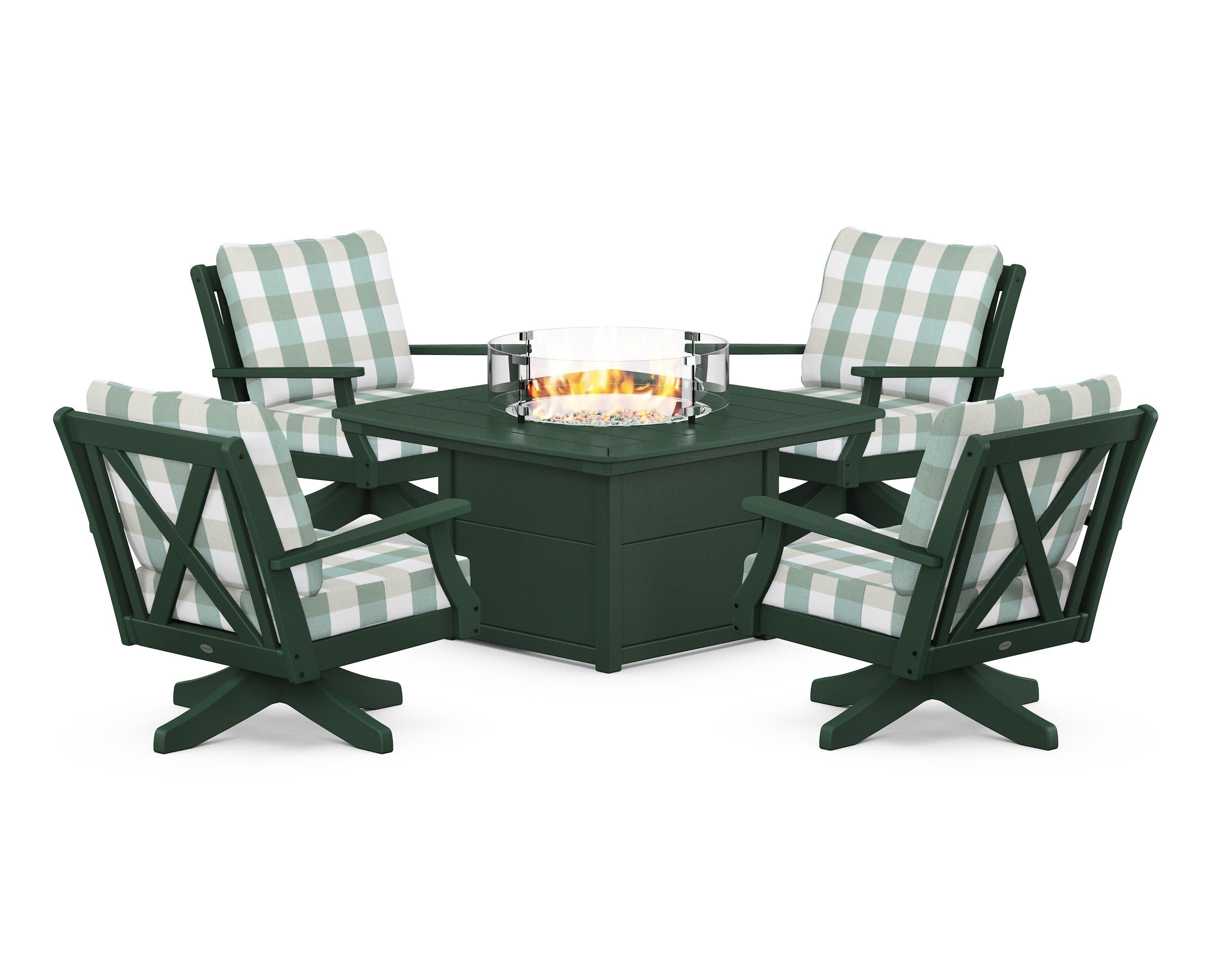 Braxton 5-Piece Deep Seating Swivel Conversation Set with Fire Pit Table in Green / Buffalo Plaid Glacier Spa