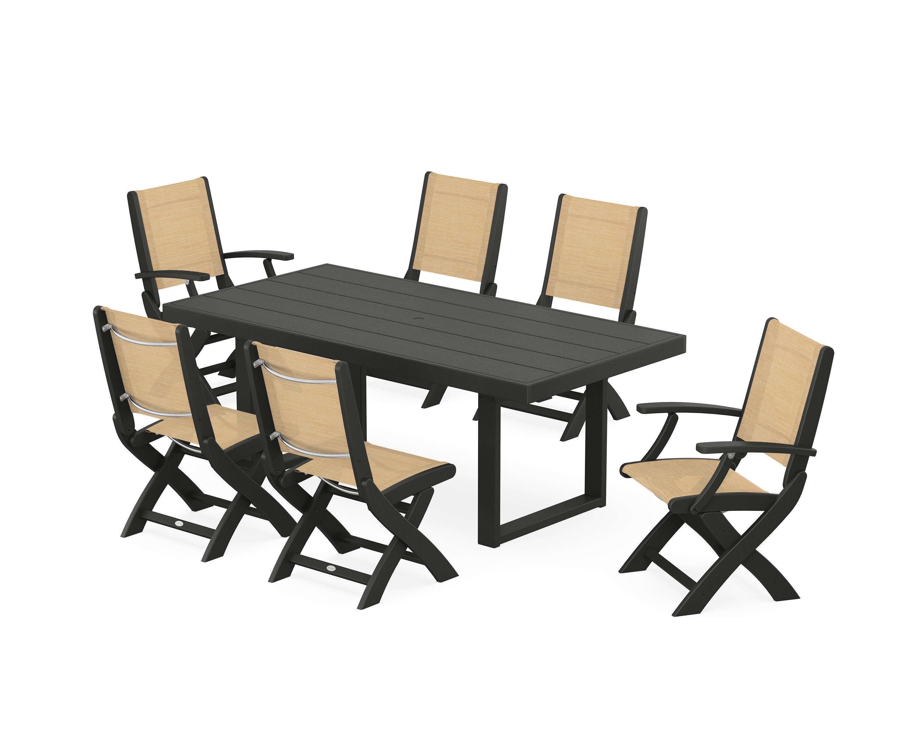 Coastal Folding Chair 7-Piece Dining Set with Trestle Legs in Black / Dupioni Apricot Sling