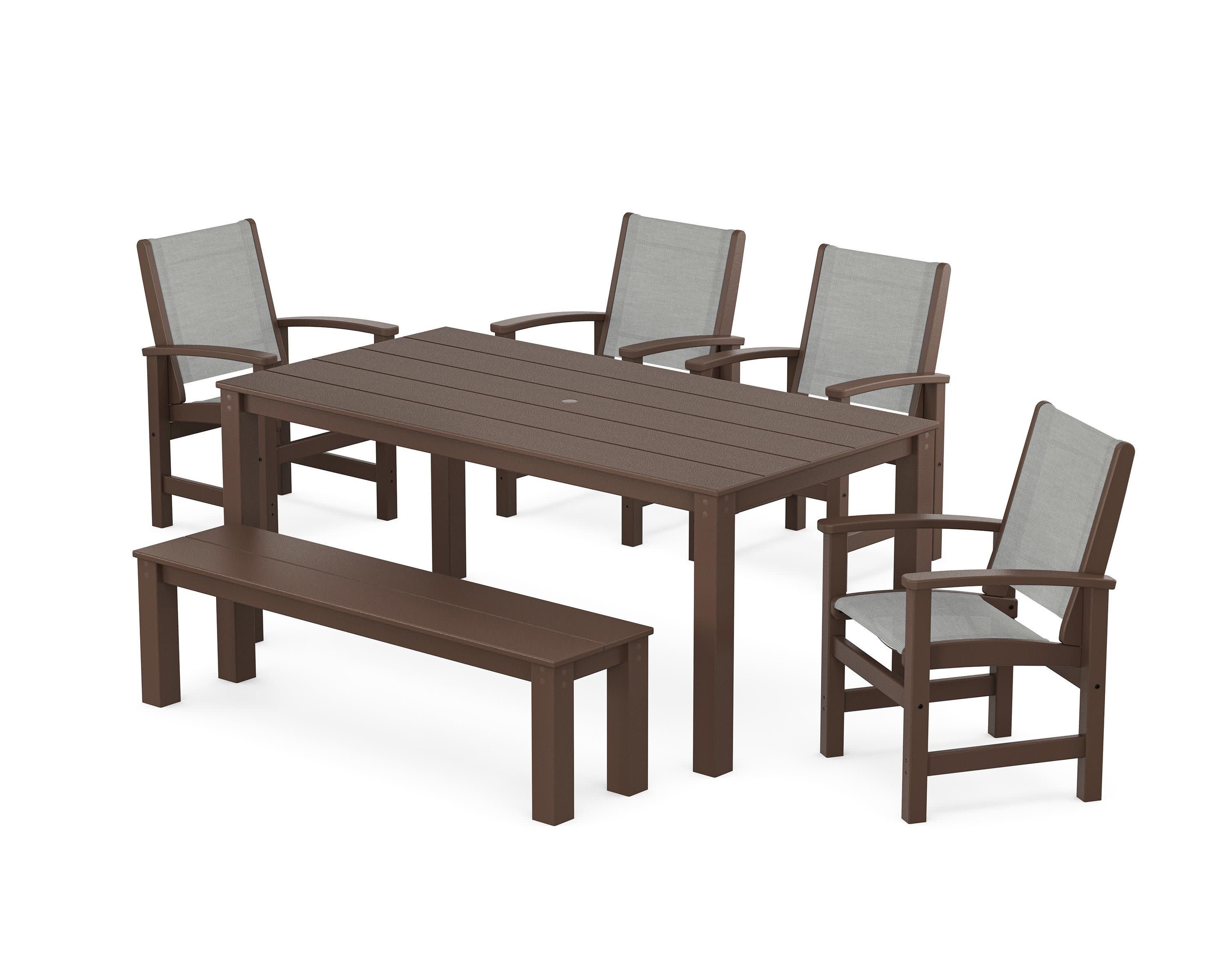 Coastal 6-Piece Parsons Dining Set with Bench in Mahogany / Metallic Sling