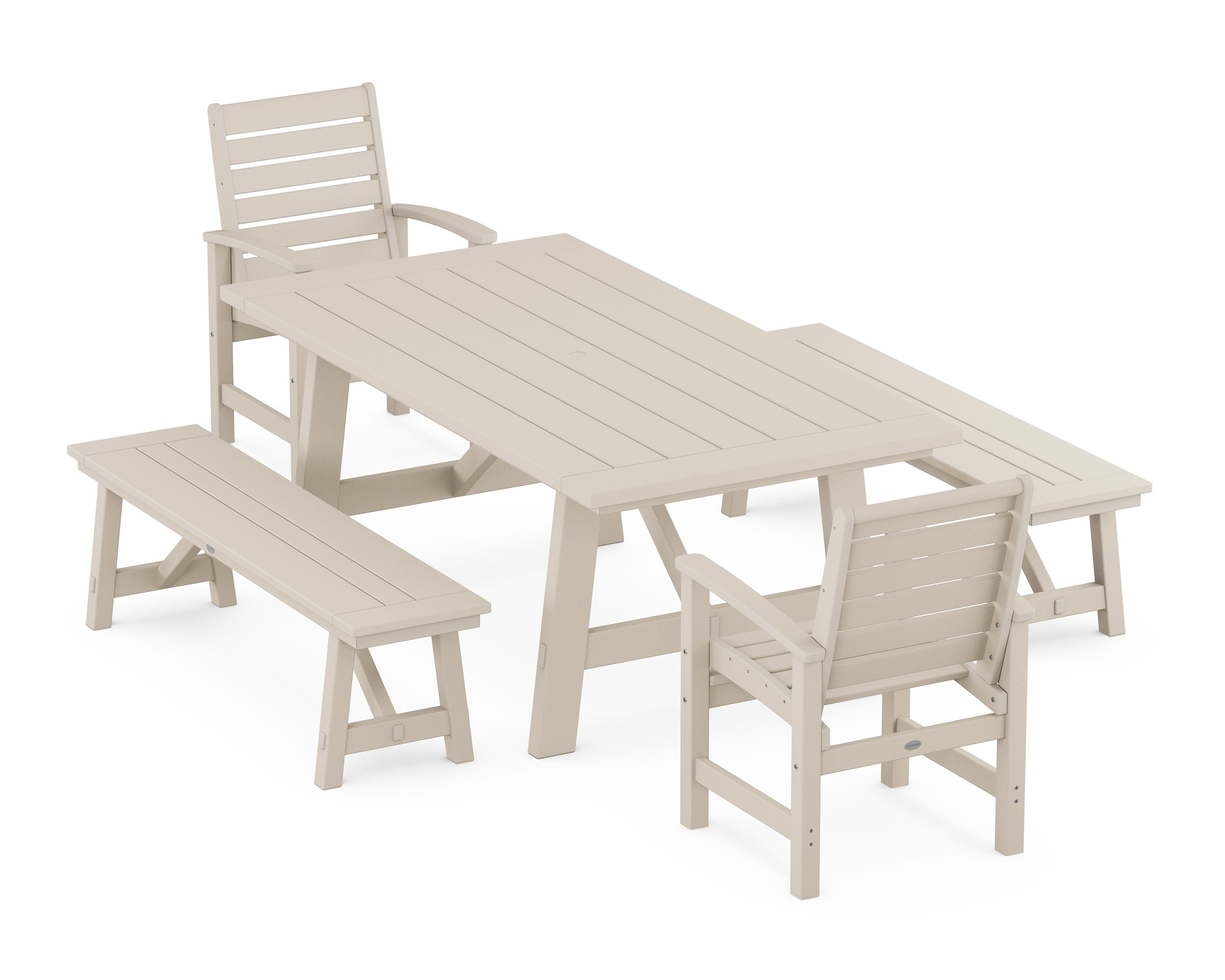 Signature 5-Piece Rustic Farmhouse Dining Set With Benches in Sand