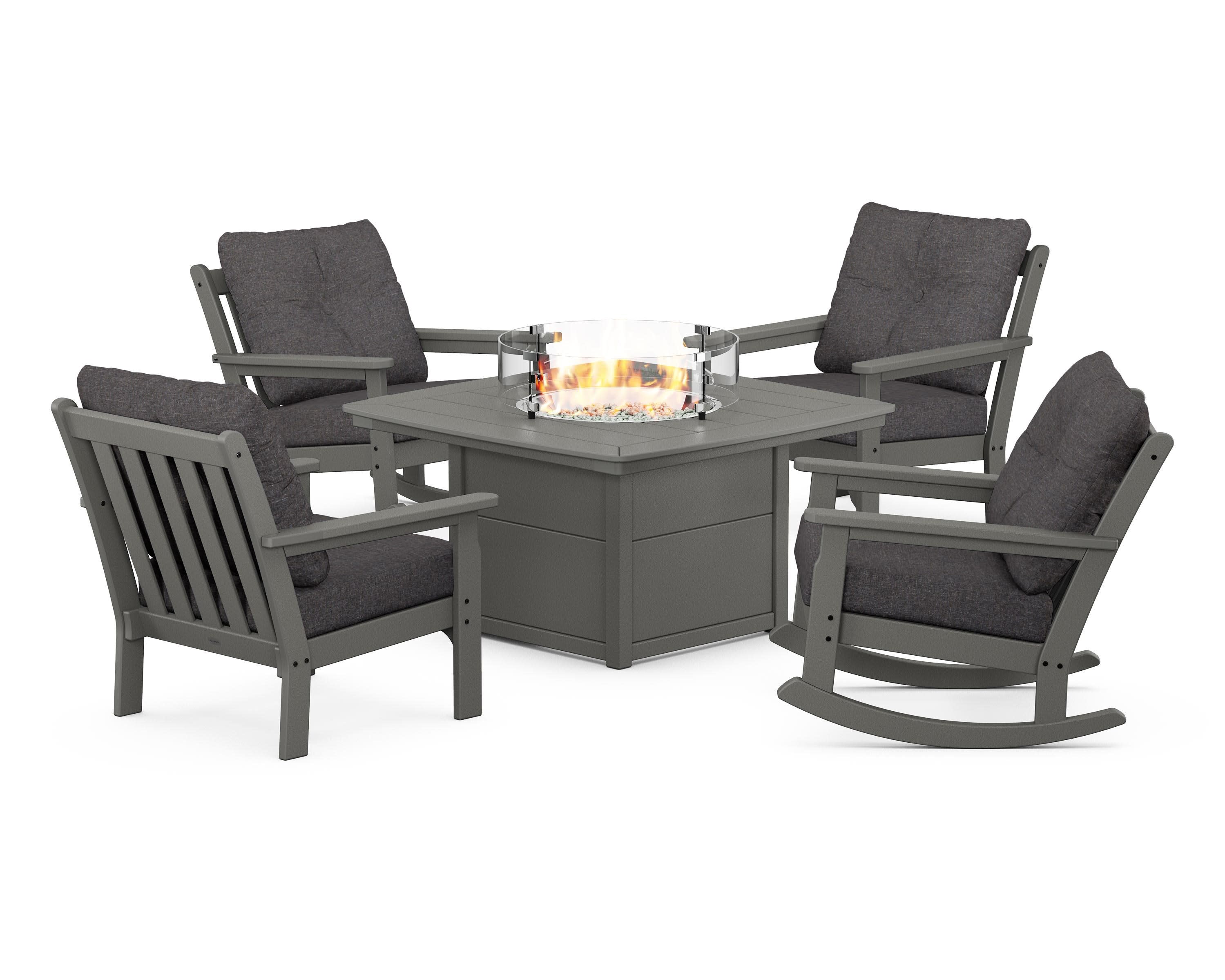 Vineyard 5-Piece Deep Seating Rocking Chair Conversation Set with Fire Pit Table in Slate Grey / Ash Charcoal