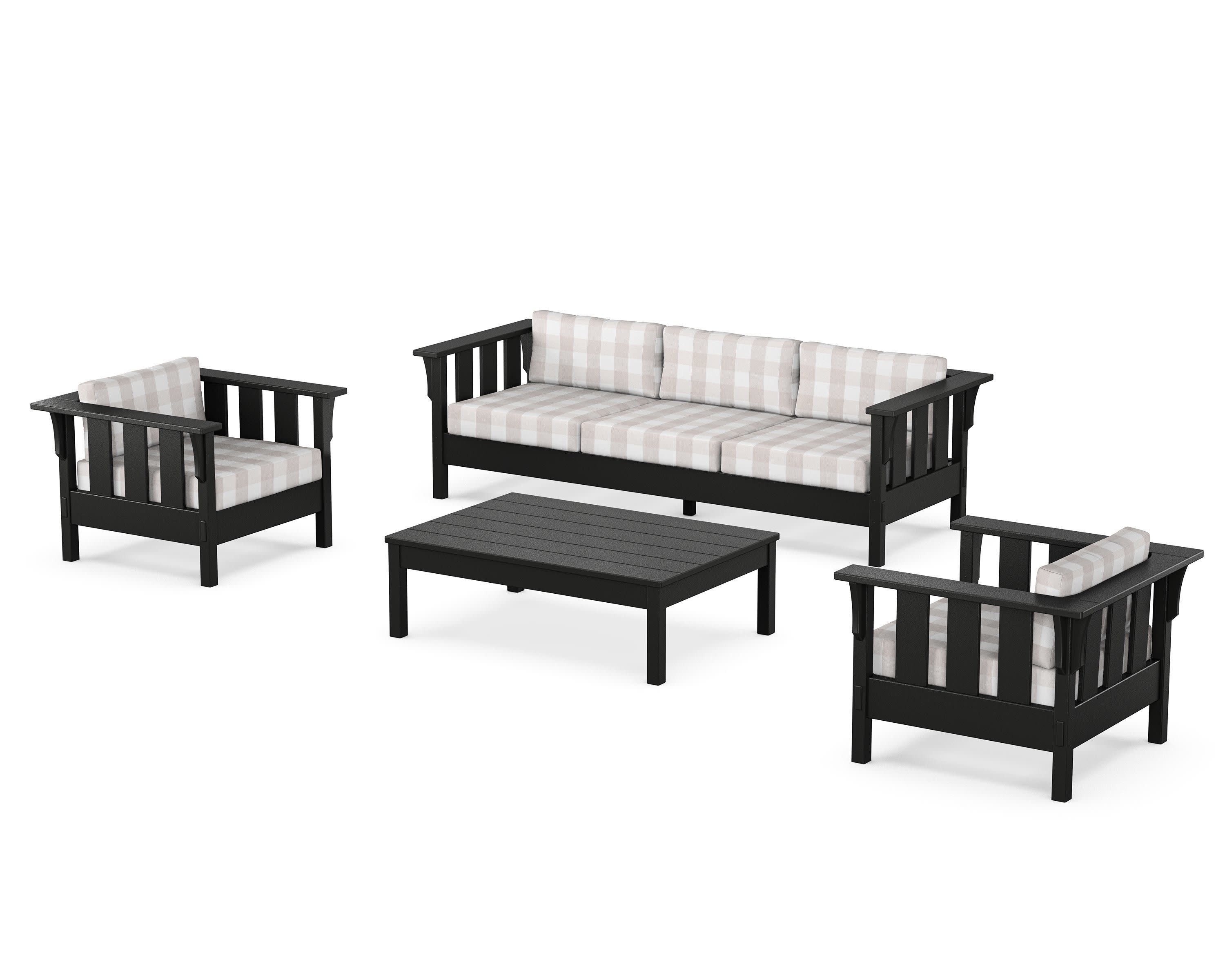 Acadia 4-Piece Deep Seating Set with Sofa in Black / Buffalo Plaid Dune Burlap