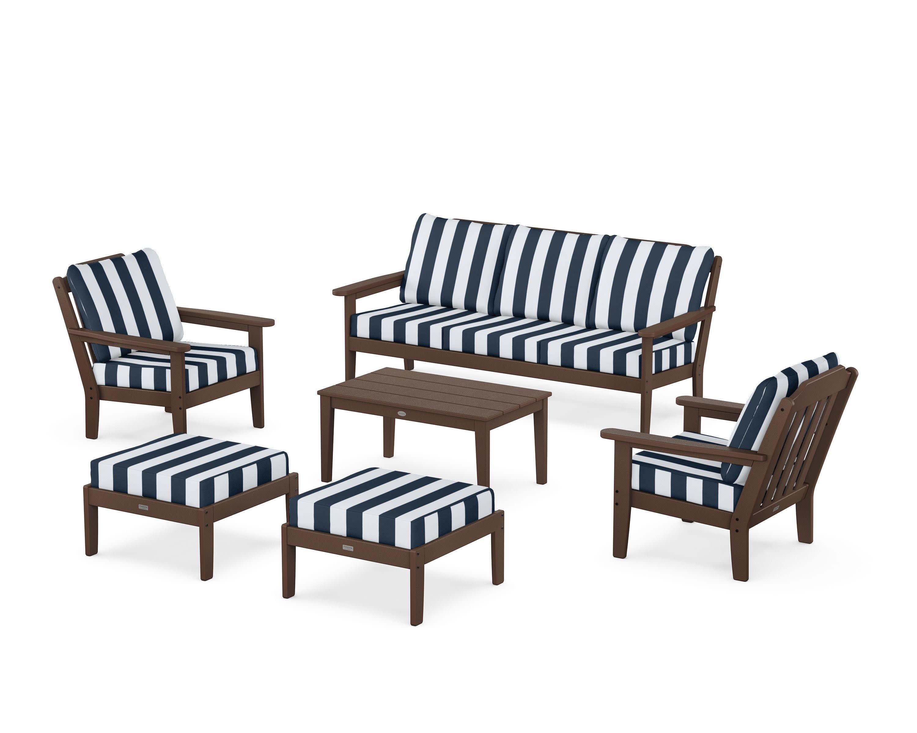 Cottage 6-Piece Lounge Sofa Set in Mahogany / Cabana Stripe Marine Indigo