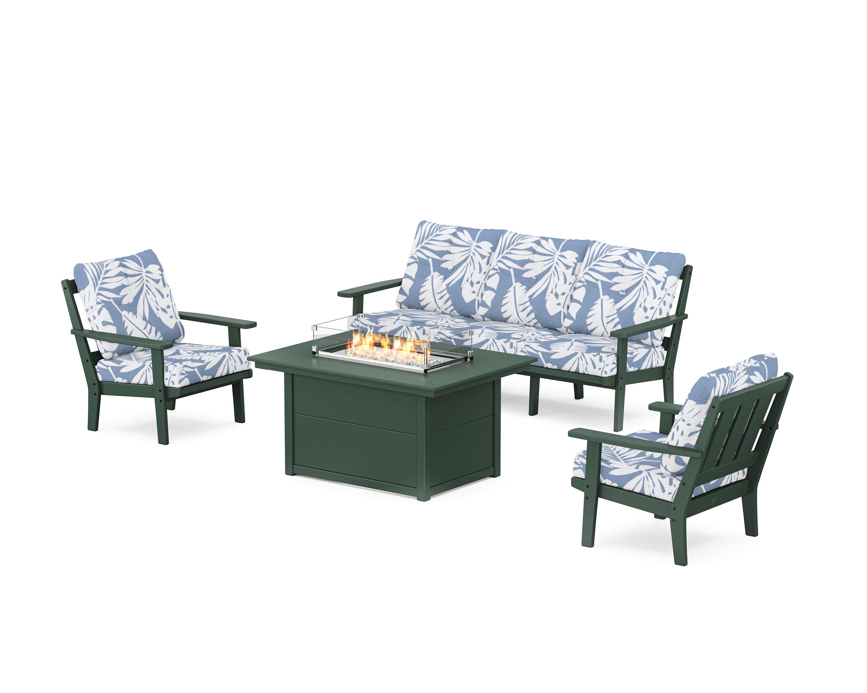 Oxford Deep Seating Fire Pit Table Set in Green / Leaf Sky Blue
