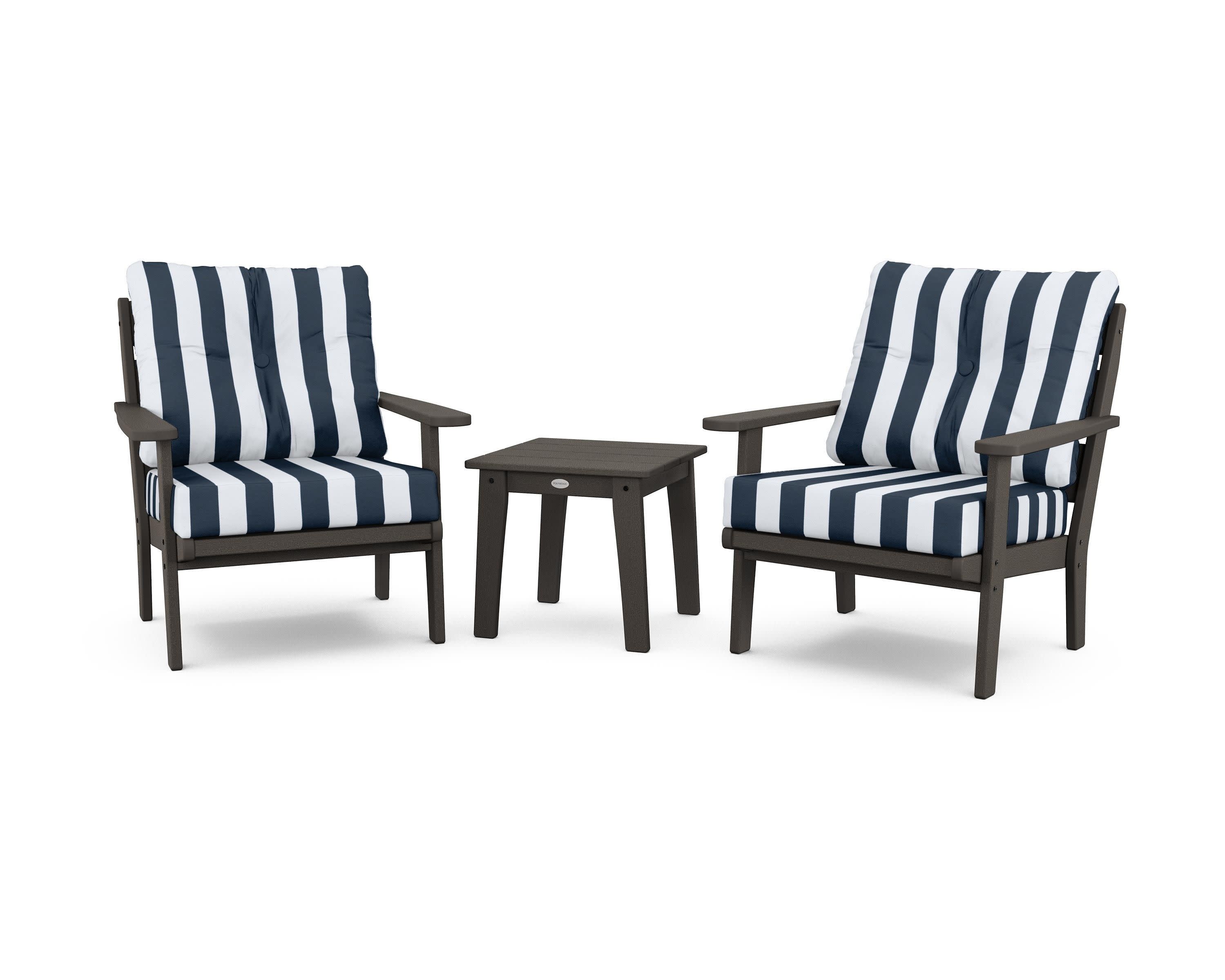 Lakeside 3-Piece Deep Seating Chair Set in Vintage Coffee / Cabana Stripe Marine Indigo