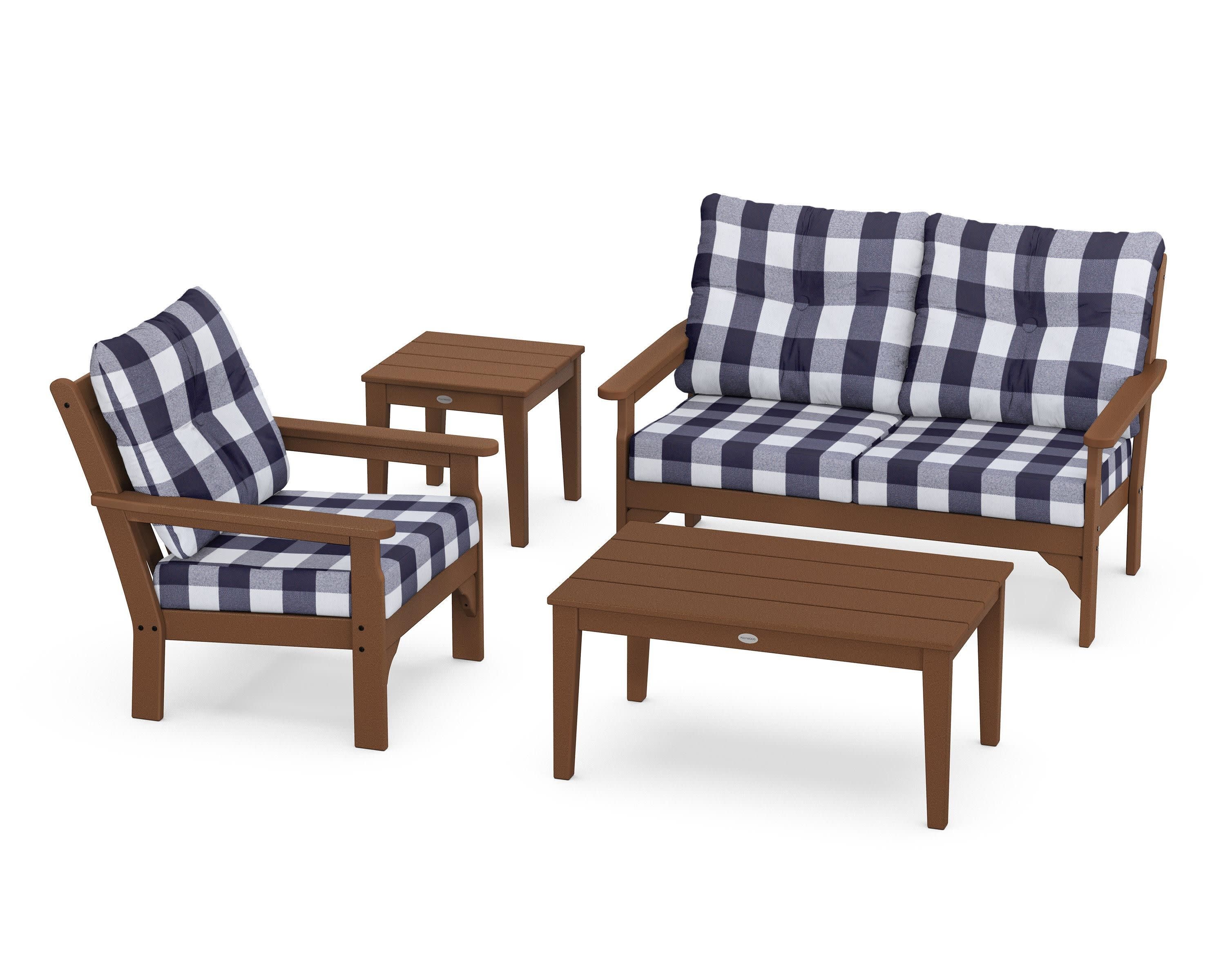Vineyard 4-Piece Deep Seating Set in Teak / Buffalo Plaid Navy