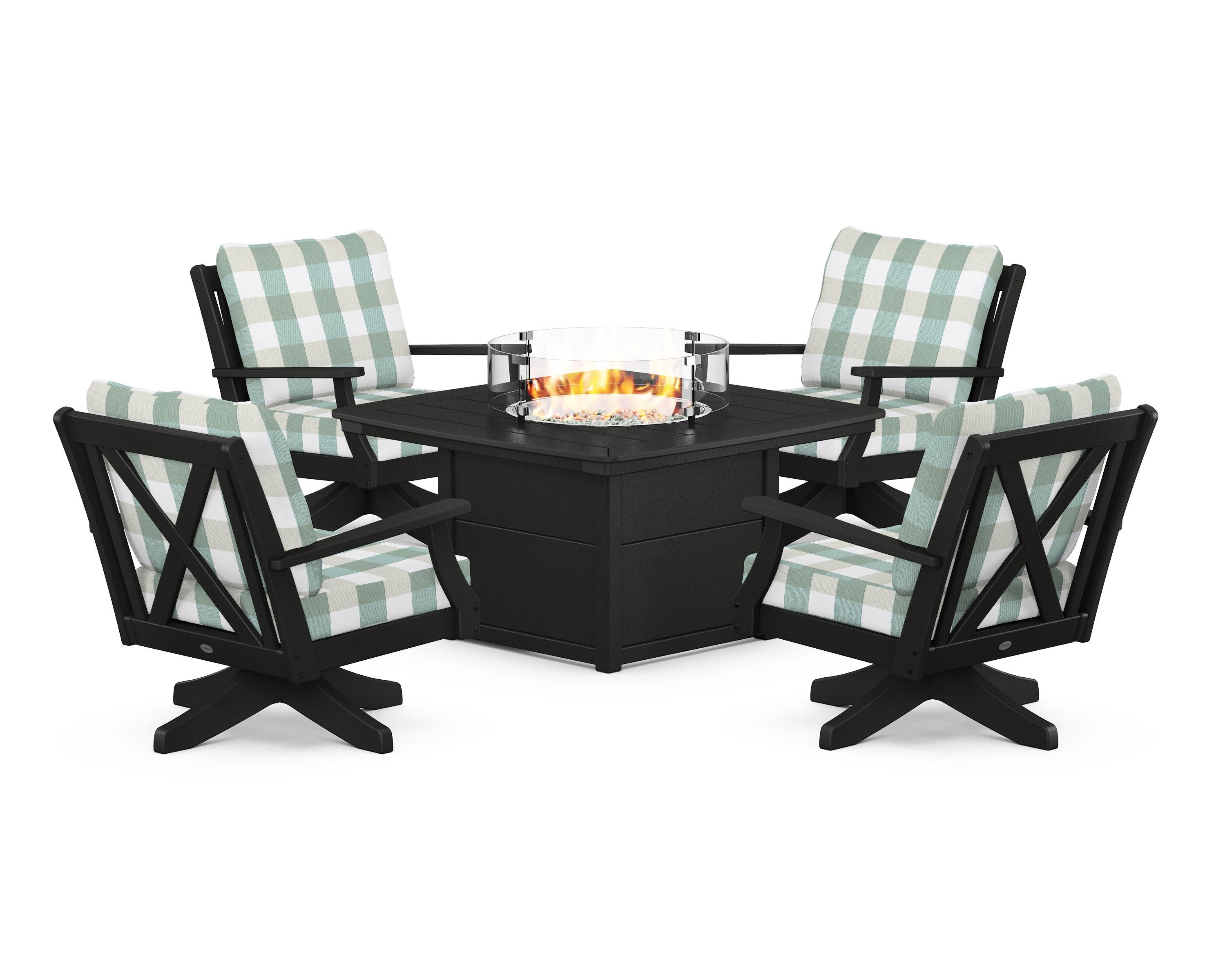 Braxton 5-Piece Deep Seating Swivel Conversation Set with Fire Pit Table in Black / Buffalo Plaid Glacier Spa