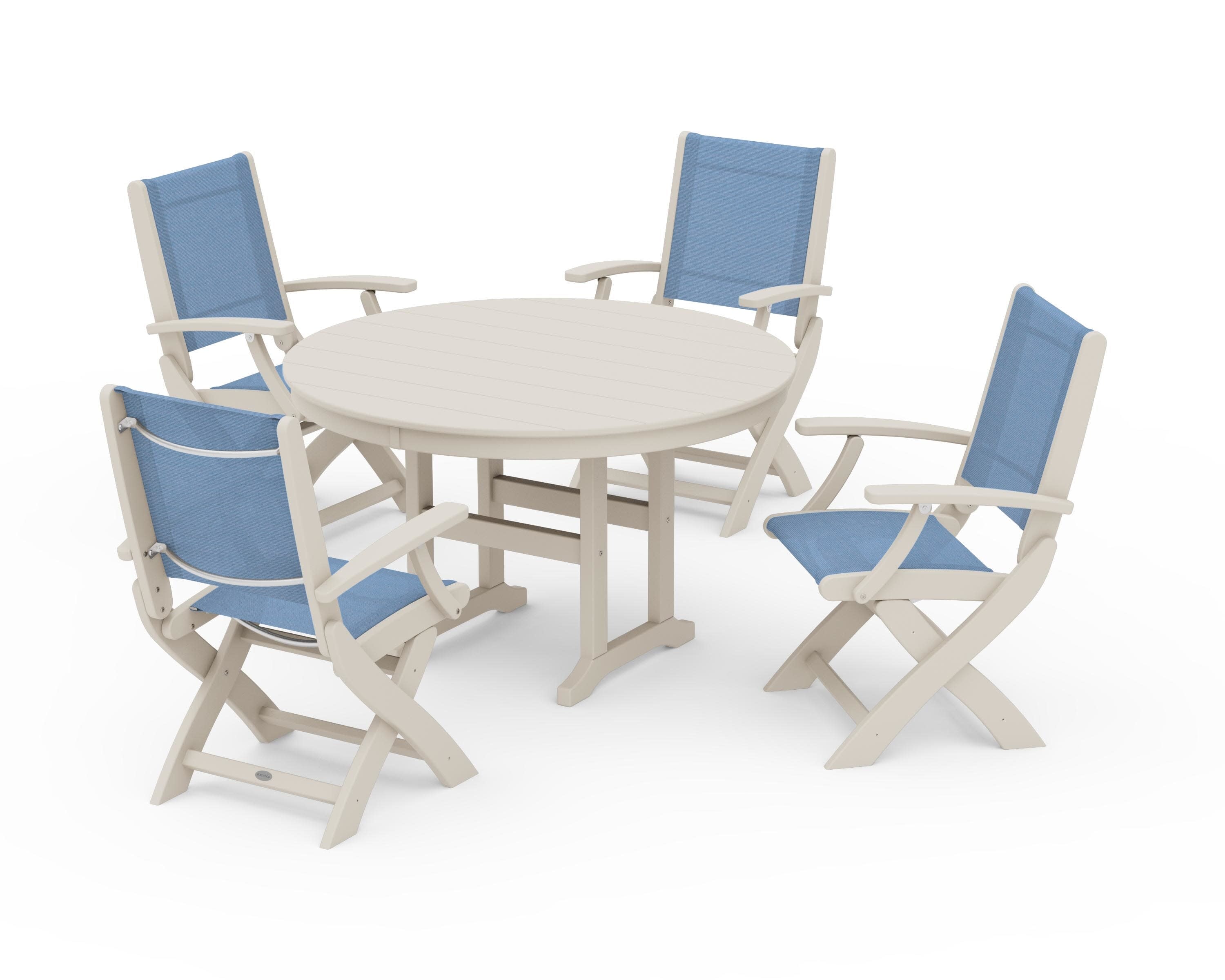 Coastal Folding Chair 5-Piece Round Dining Set in Sand / Poolside Sling