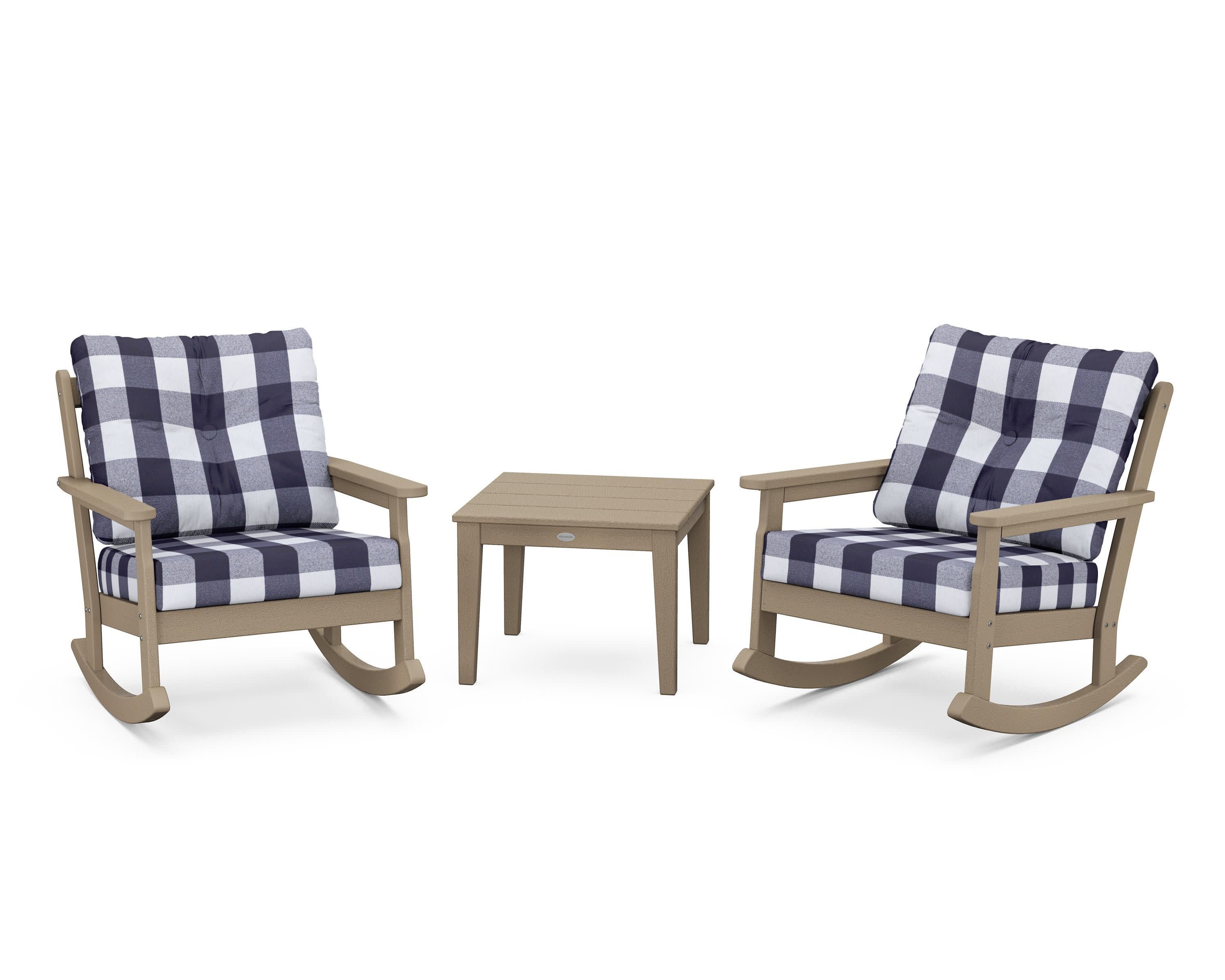 Vineyard 3-Piece Deep Seating Rocker Set in Vintage Sahara / Buffalo Plaid Navy