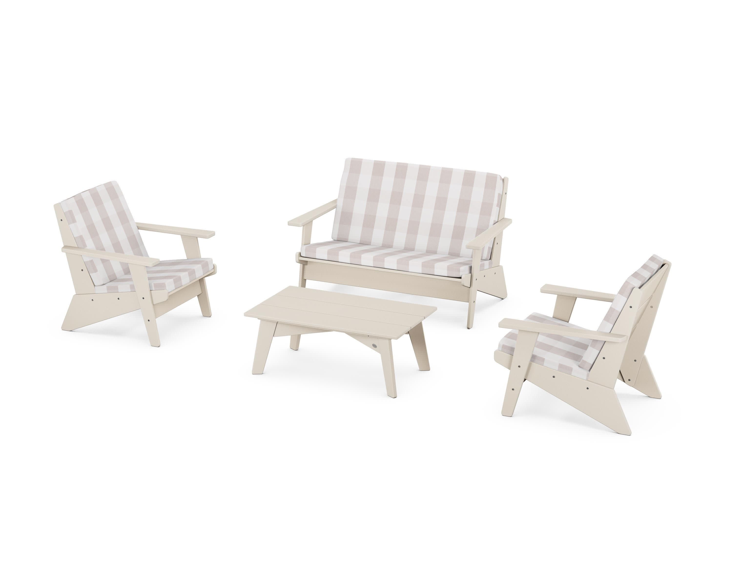 Riviera Modern Lounge 4-Piece Set in Sand / Buffalo Plaid Dune Burlap