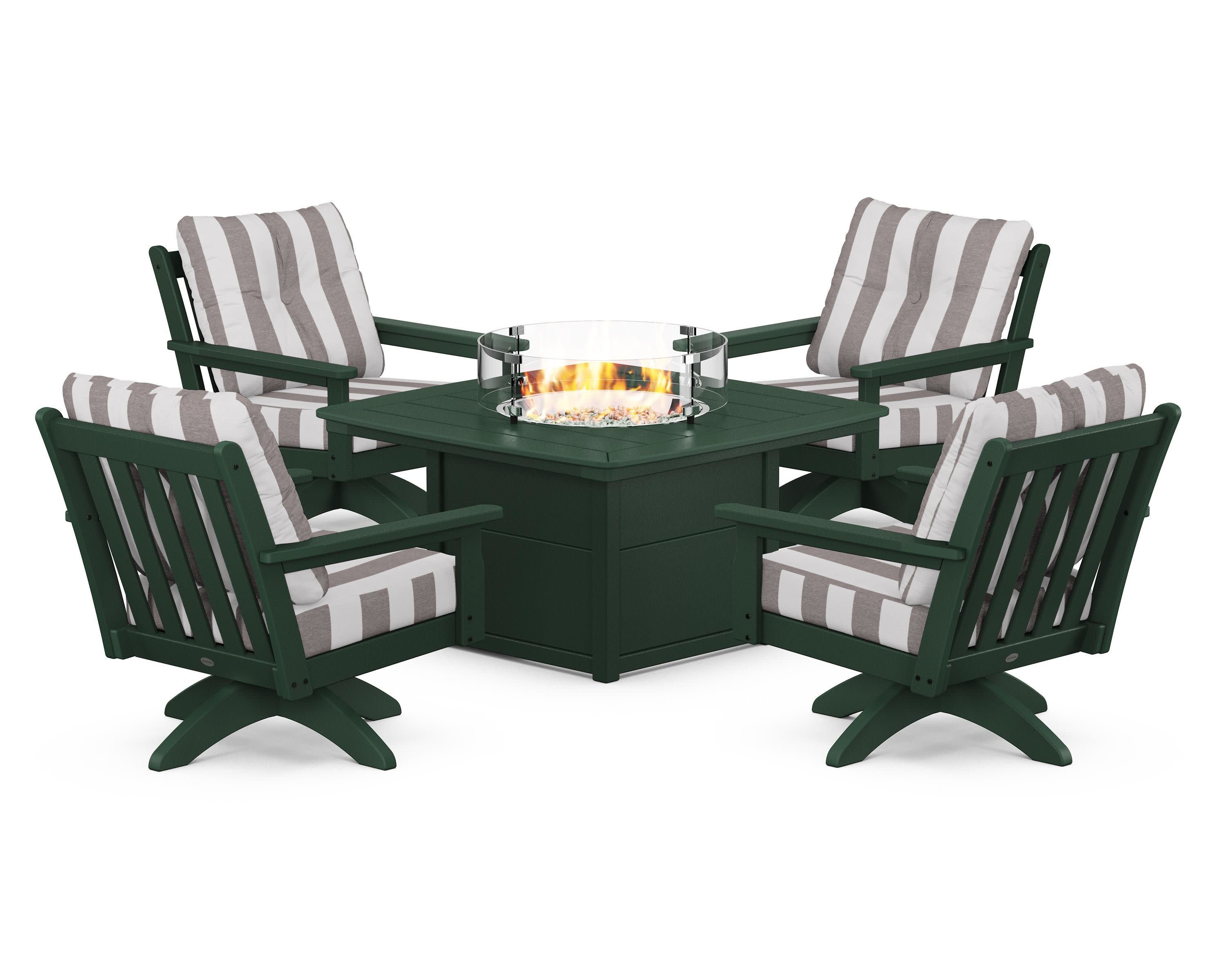 Vineyard 5-Piece Deep Seating Swivel Conversation Set with Fire Pit Table in Green / Cabana Stripe Grey Mist