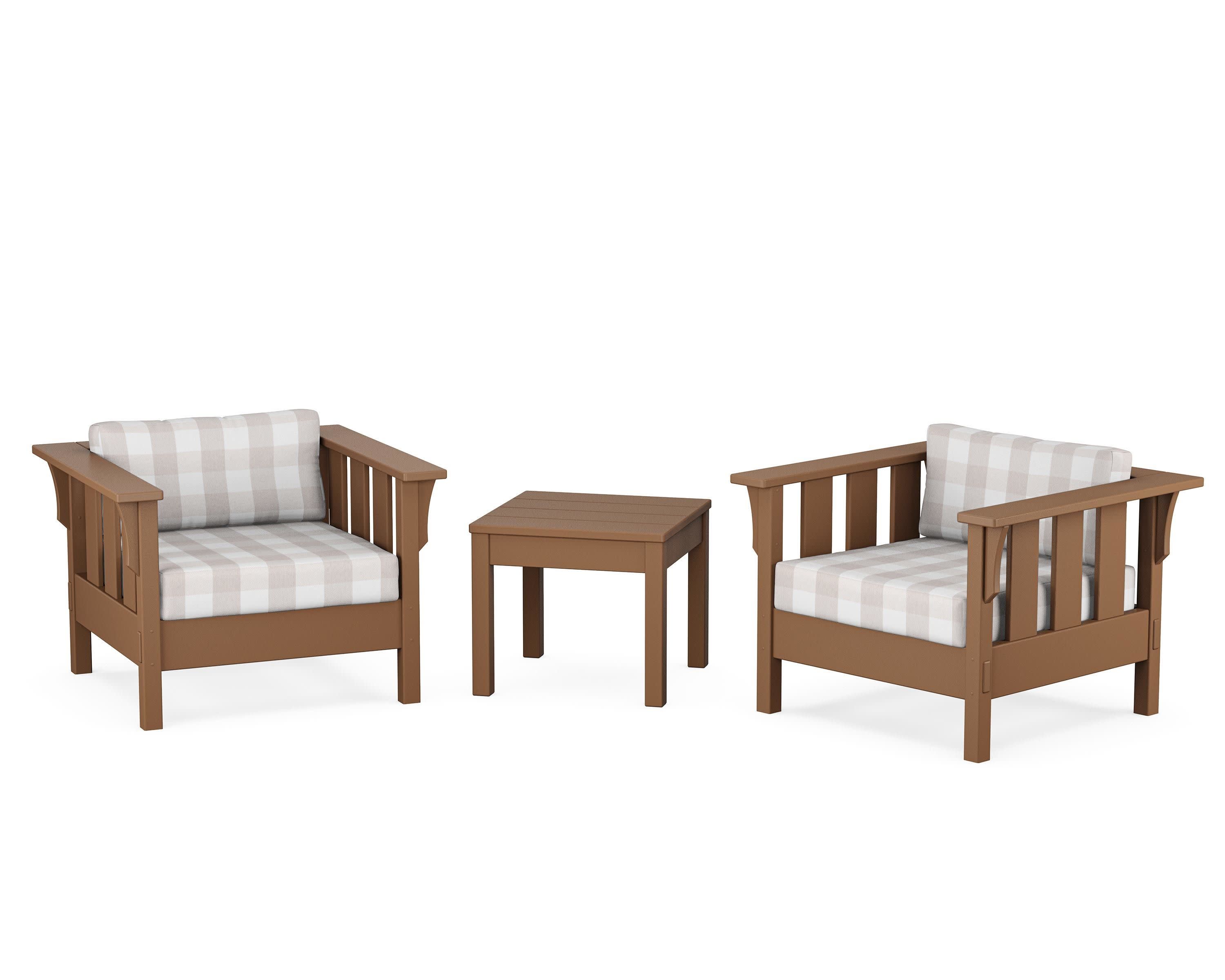 Acadia 3-Piece Deep Seating Set in Teak / Buffalo Plaid Dune Burlap