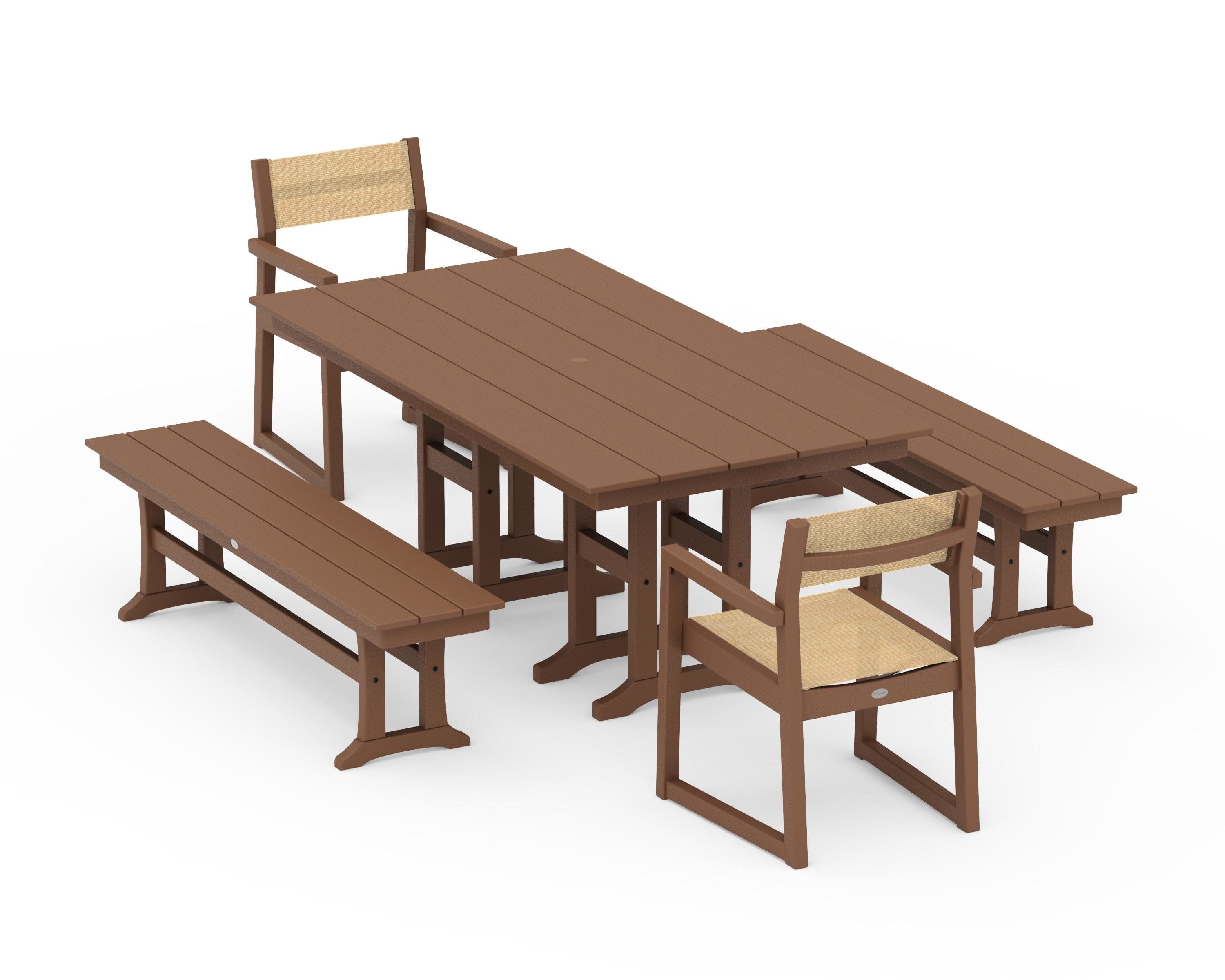EDGE Sling Arm Chair 5-Piece Farmhouse Dining Set with Benches in Teak / Dupioni Apricot Sling