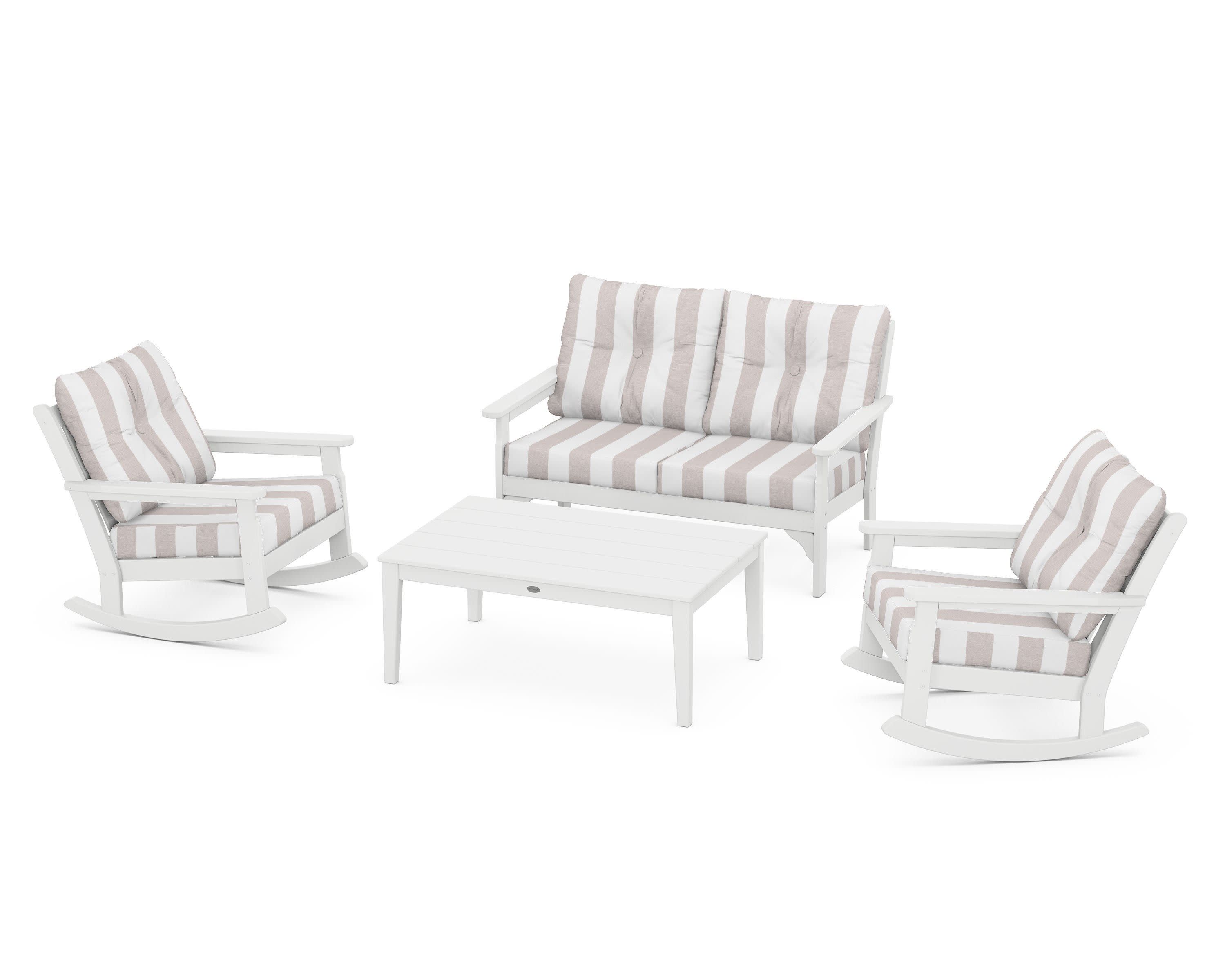 Vineyard 4-Piece Deep Seating Rocking Chair Set in White / Cabana Stripe Dune Burlap