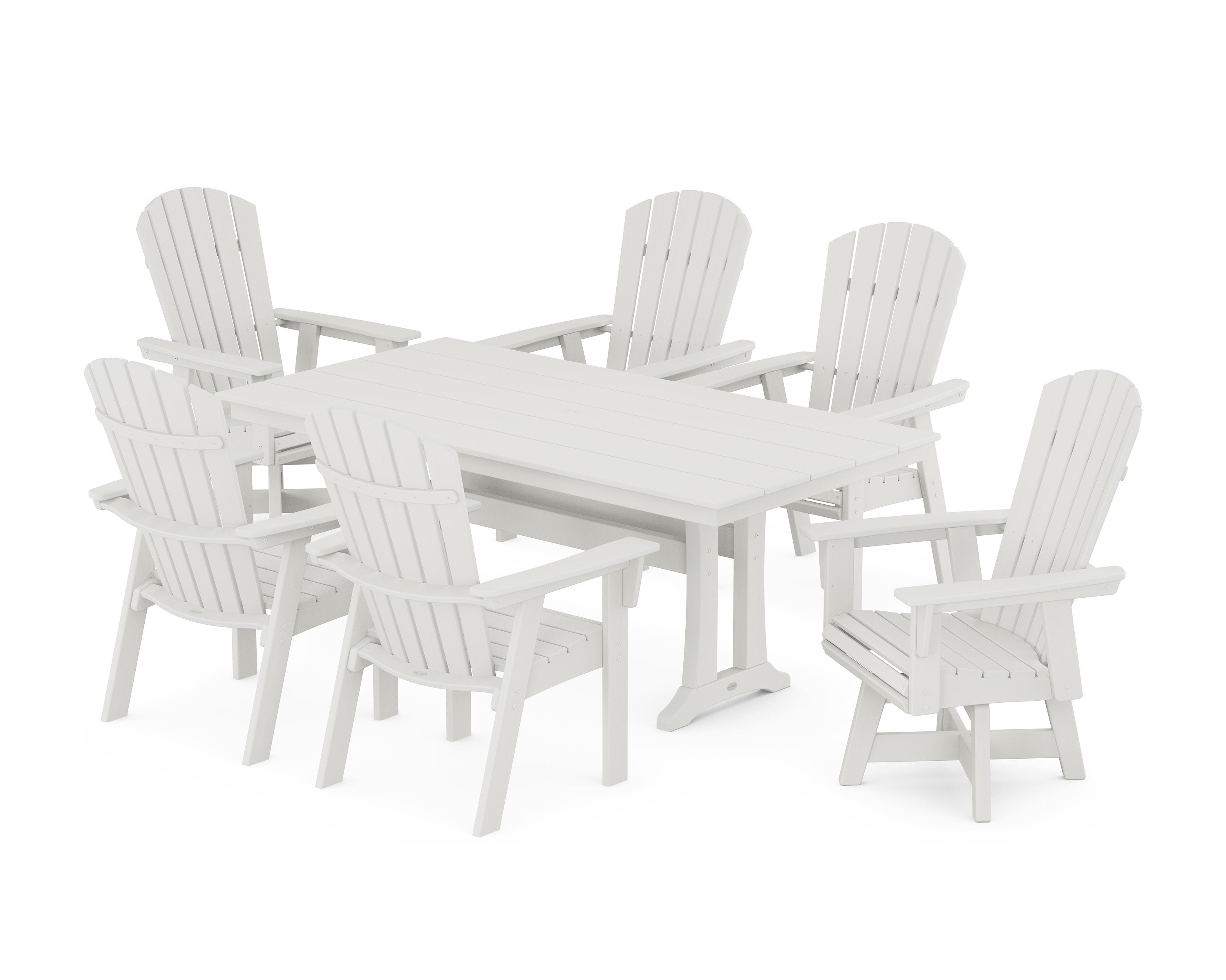 Nautical Curveback Adirondack Swivel Chair 7-Piece Farmhouse Dining Set With Trestle Legs in Vintage White