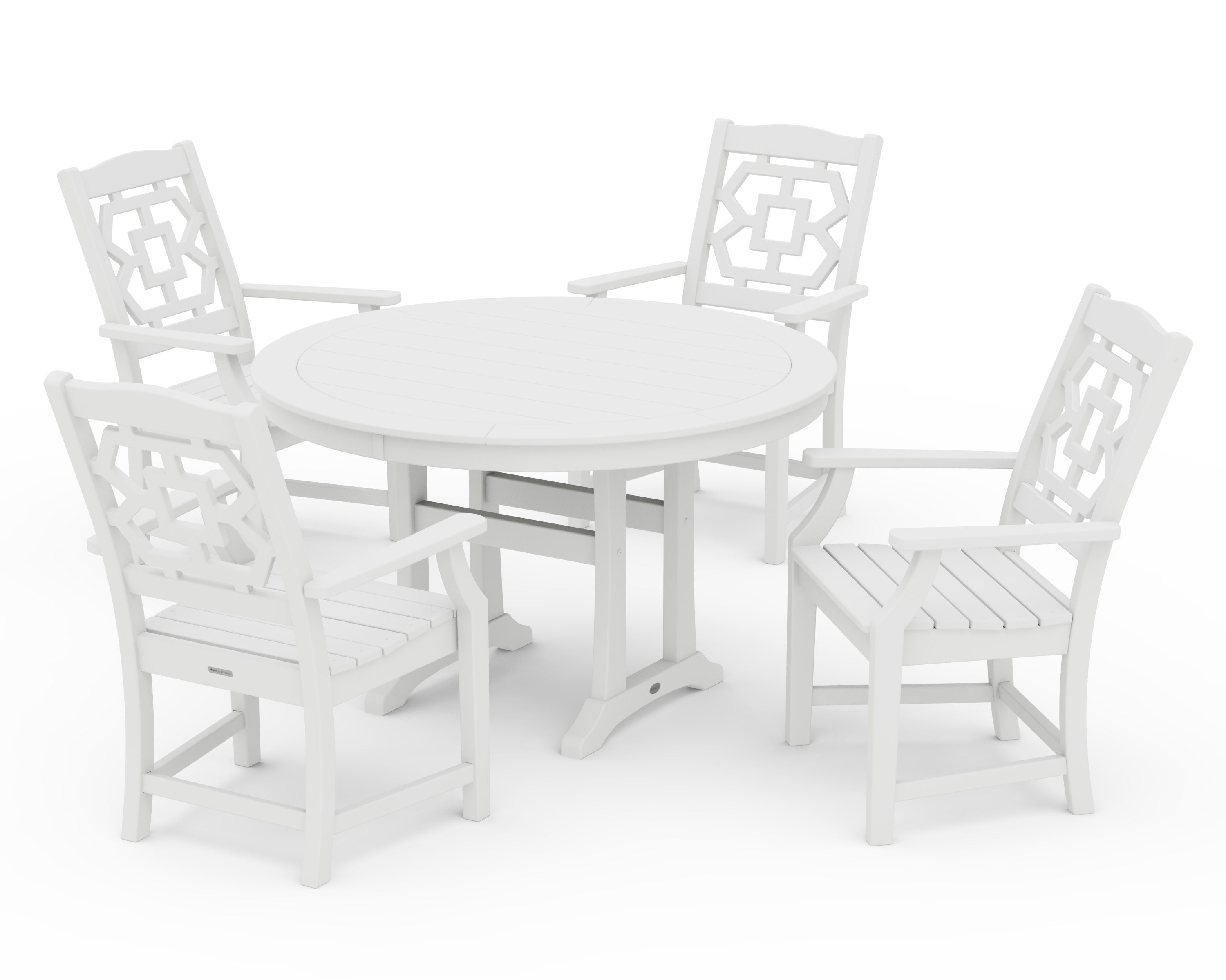 Chinoiserie 5-Piece Round Dining Set with Trestle Legs in White