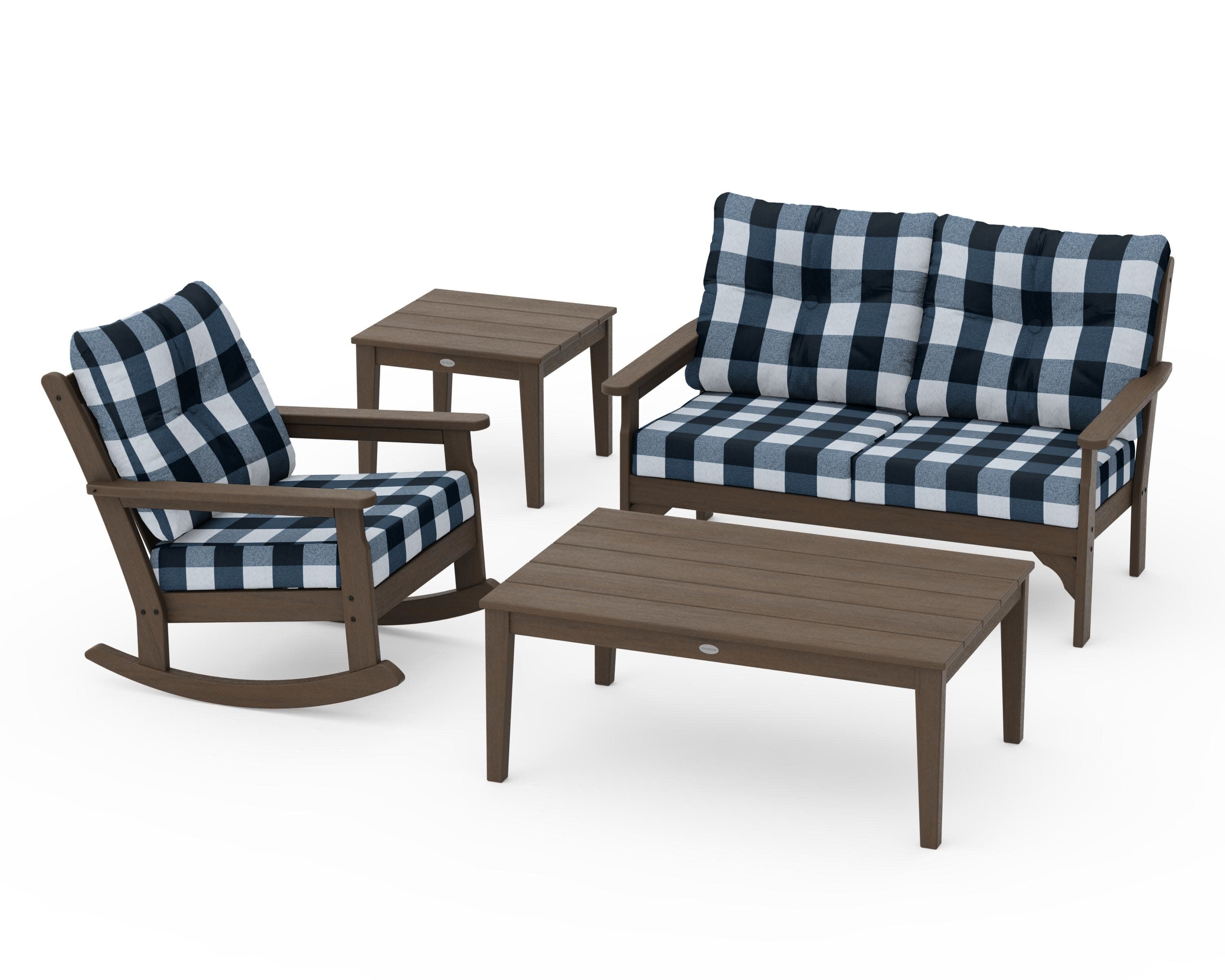 Vineyard 4-Piece Deep Seating Rocker Set in Kona / Buffalo Plaid Marine Indigo