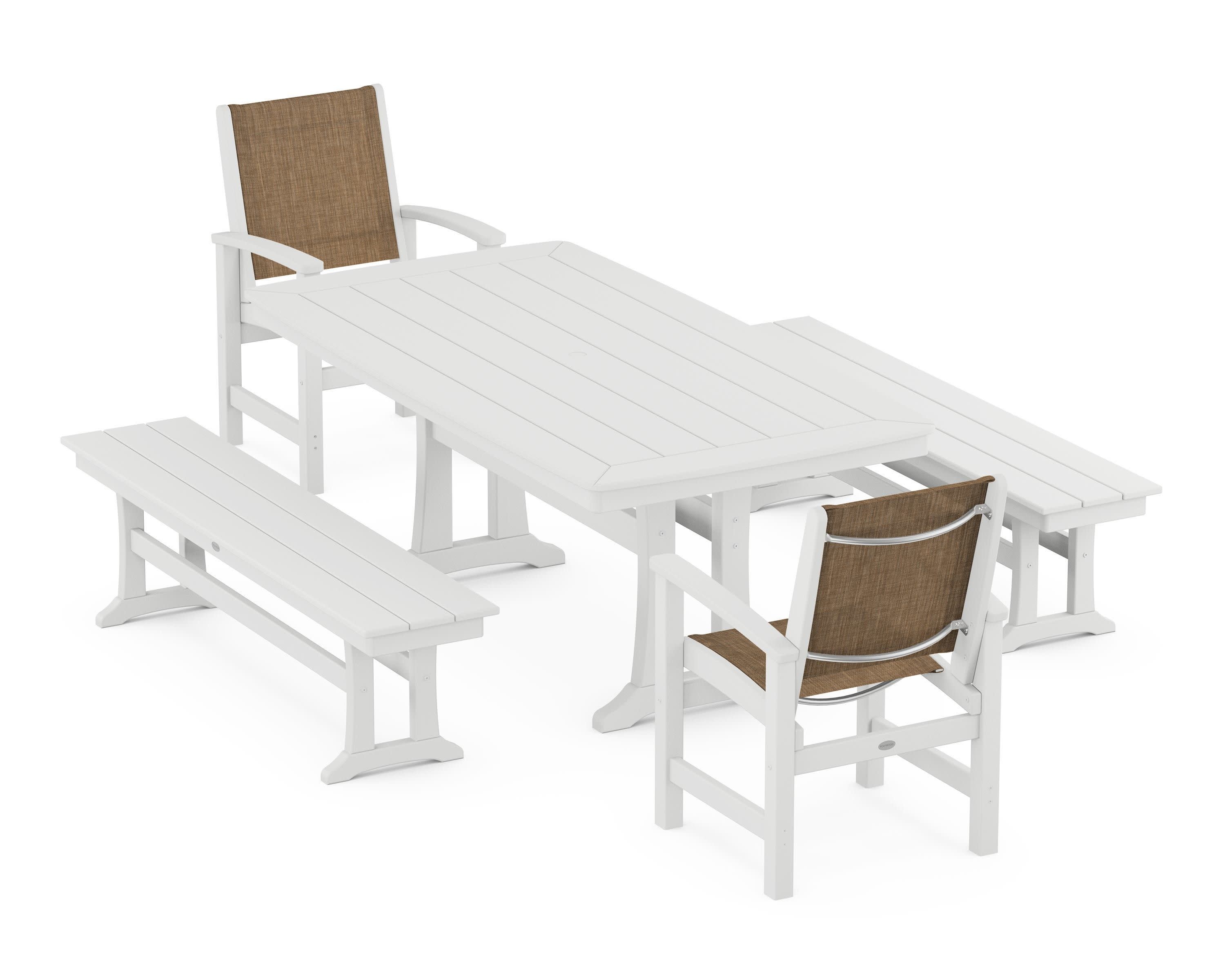 Coastal 5-Piece Dining Set with Trestle Legs and Benches in White / Burlap Sling