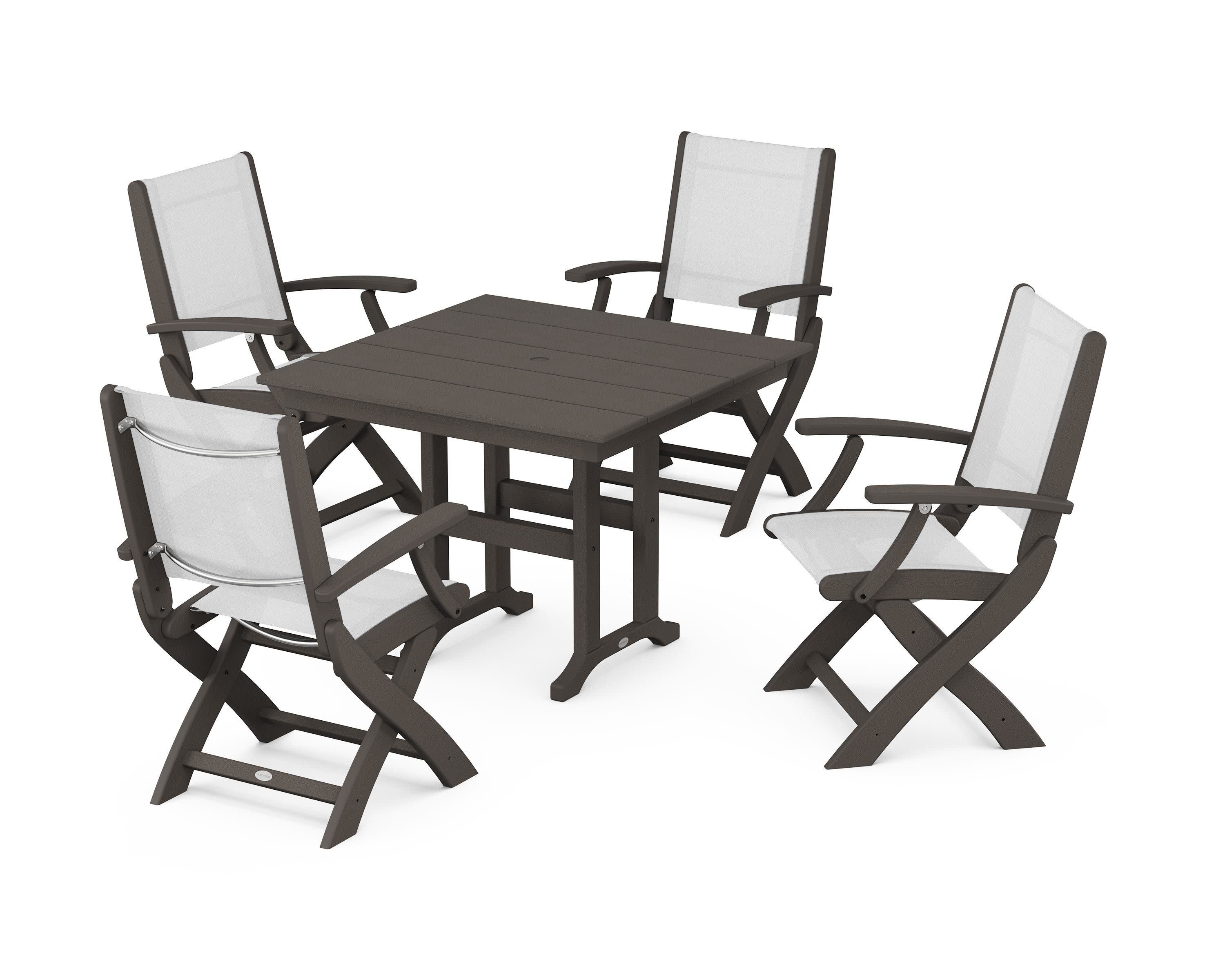 Coastal Folding Chair 5-Piece Farmhouse Dining Set in Vintage Coffee / White Sling