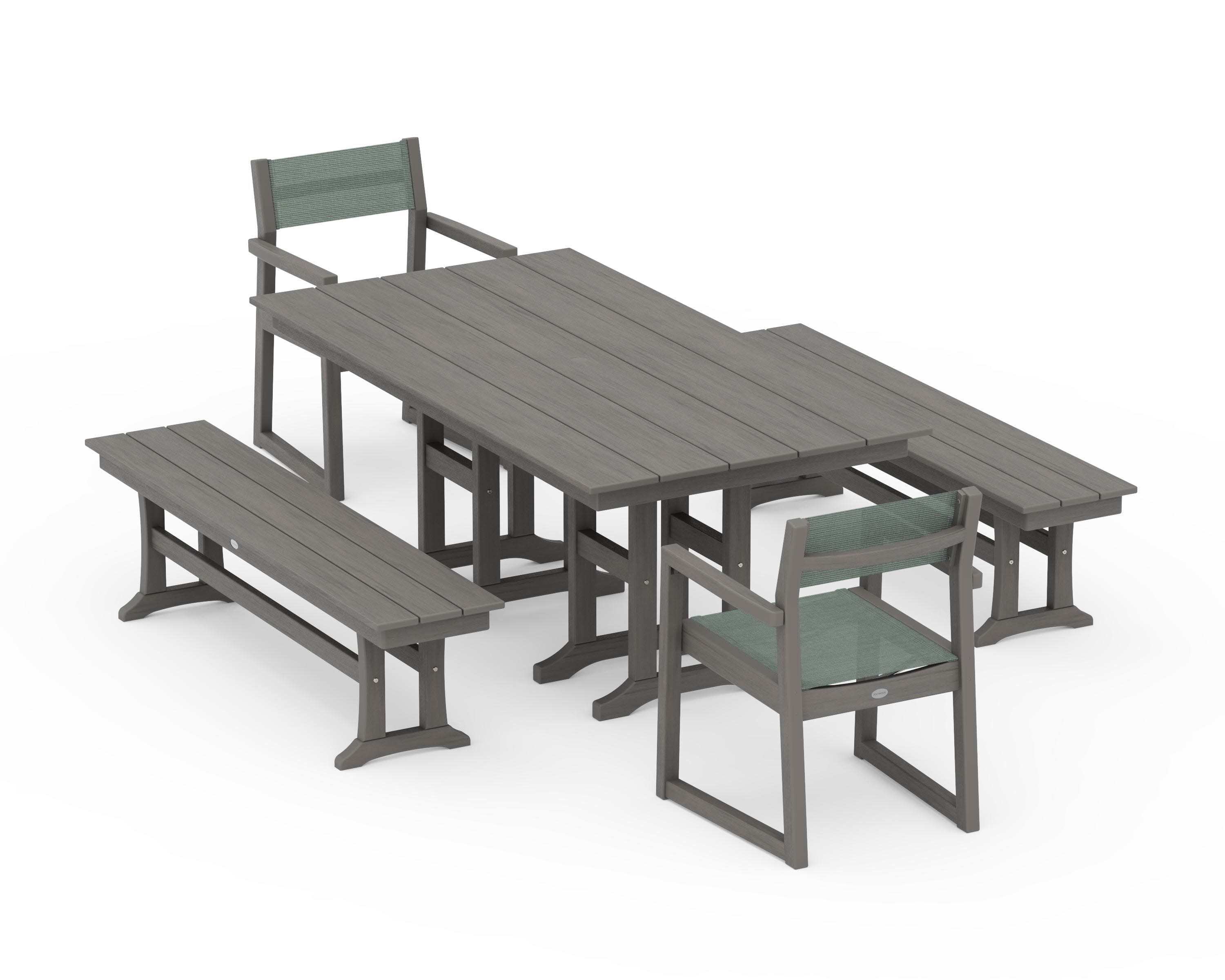 EDGE Sling Arm Chair 5-Piece Farmhouse Dining Set with Benches in Driftwood / Dupioni Sea Mist Sling