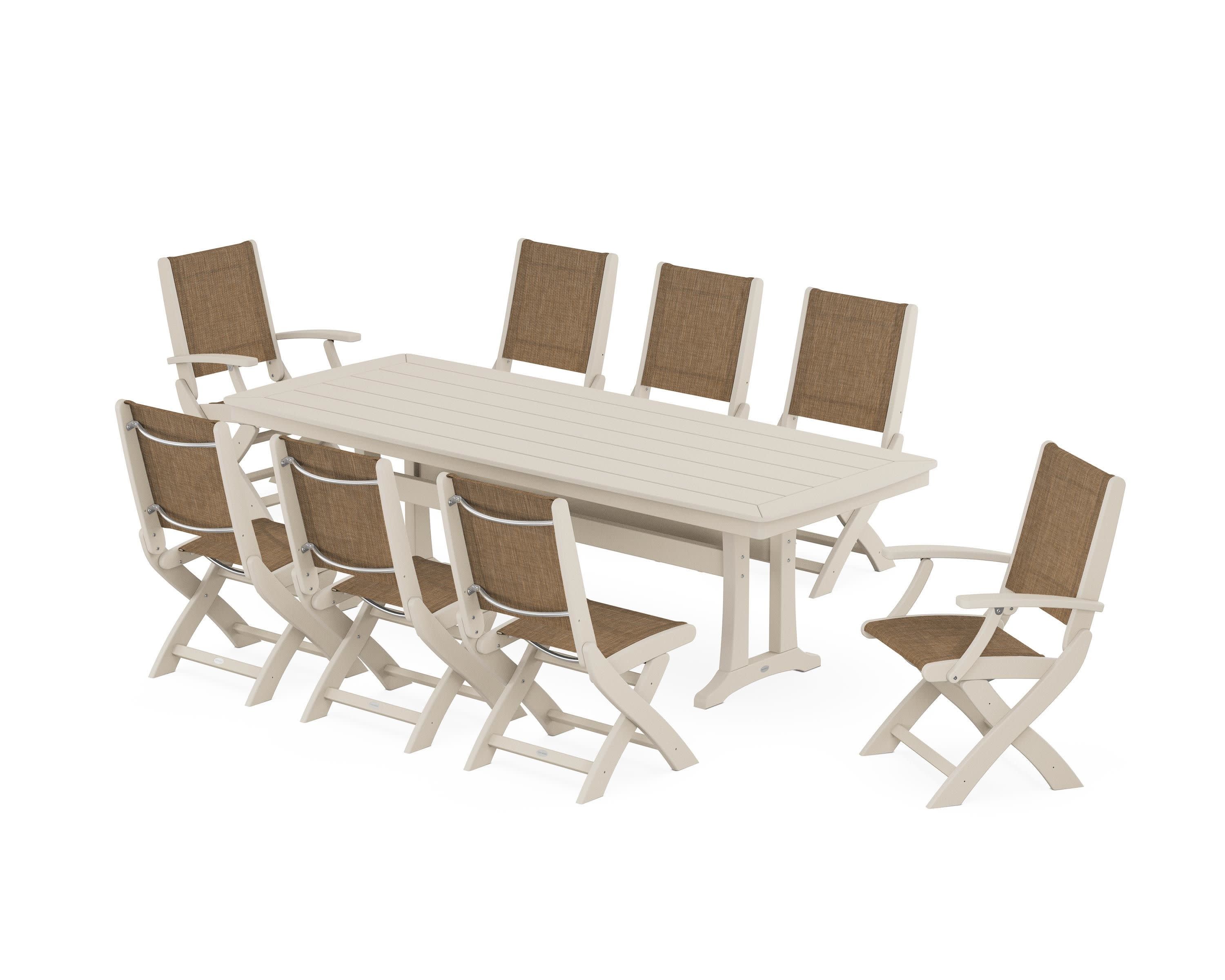 Coastal Folding 9-Piece Dining Set with Trestle Legs in Sand / Burlap Sling