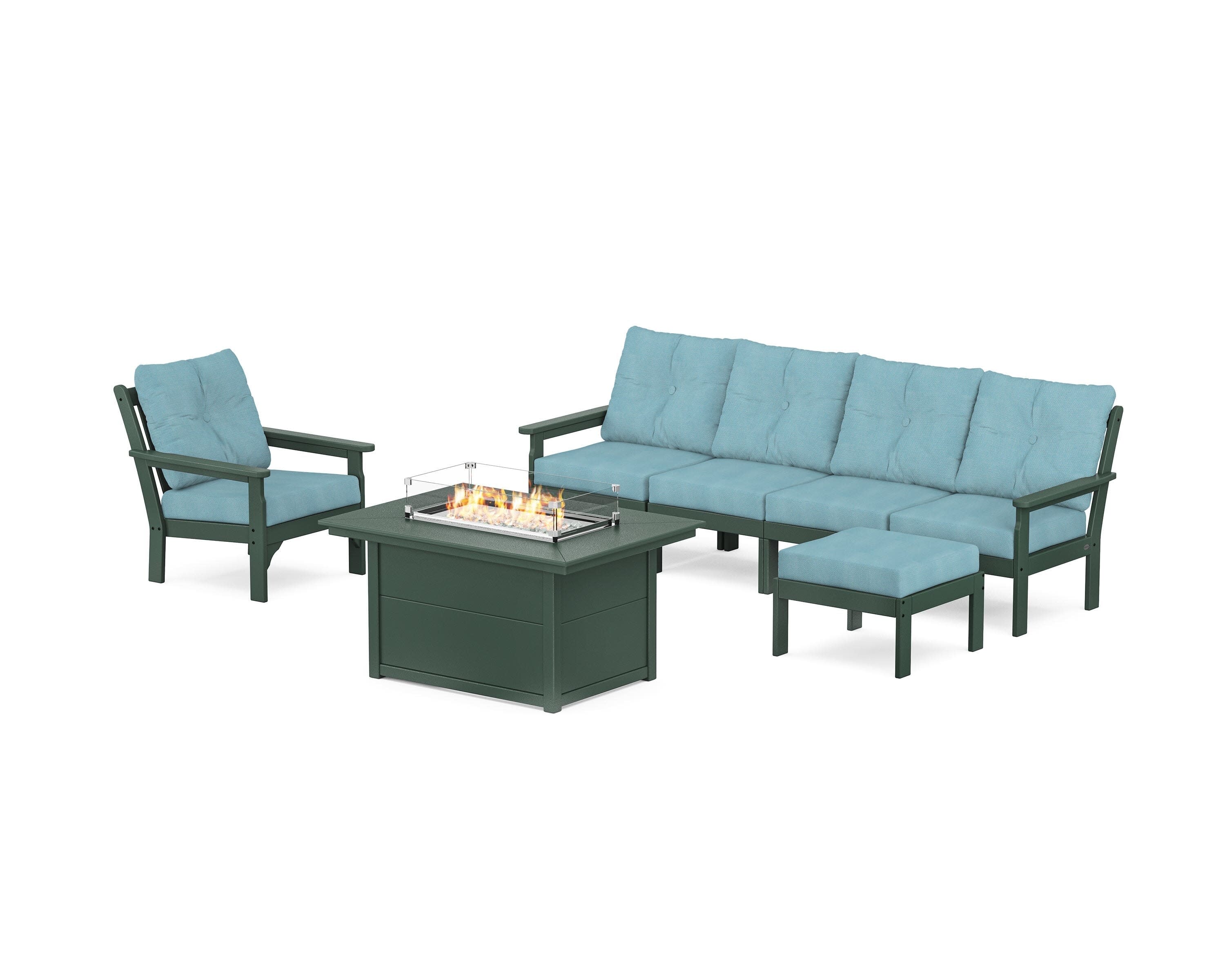 Vineyard Sectional Lounge and Fire Pit Set in Green / Lattice Sky Blue