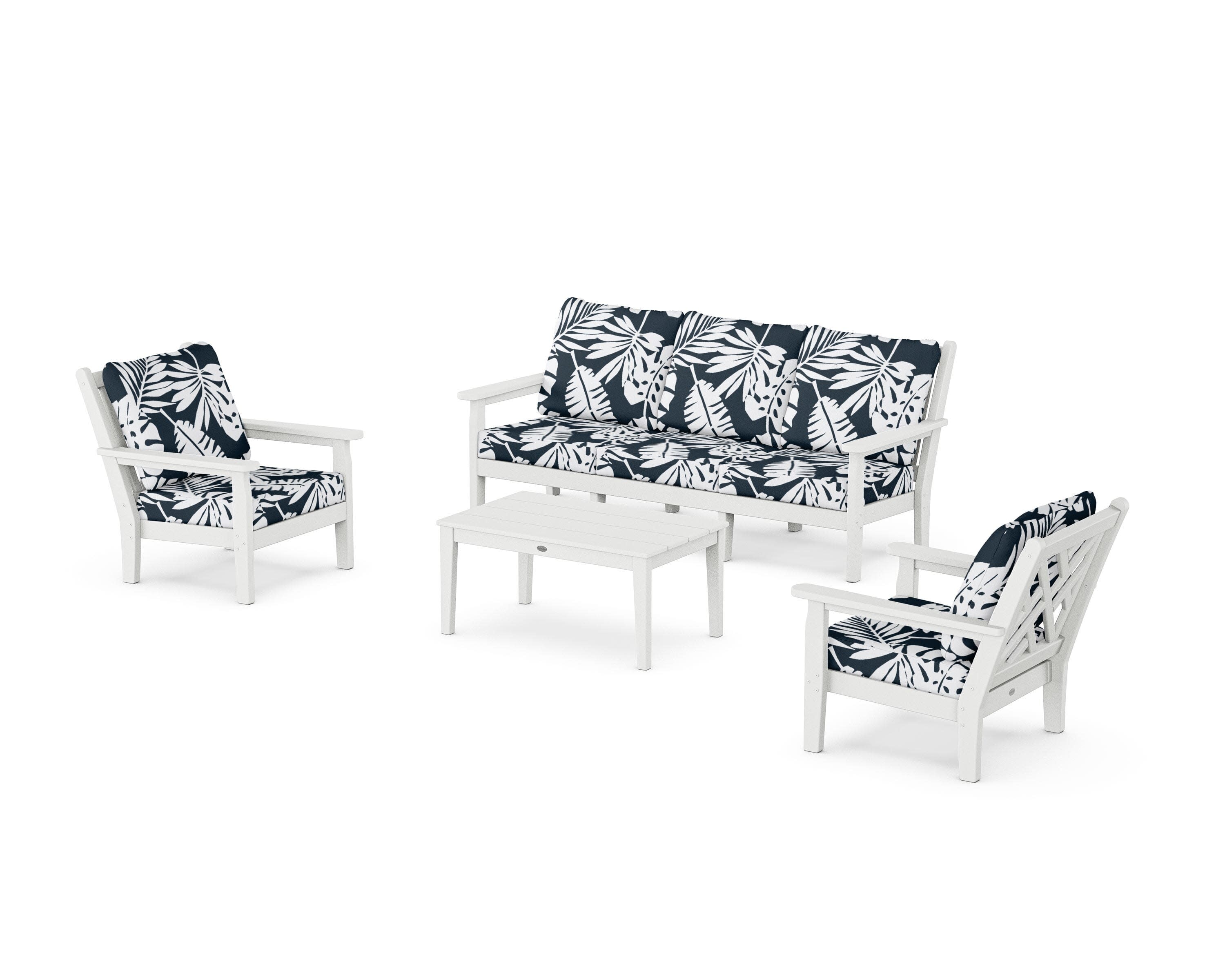 Chippendale 4-Piece Deep Seating Set with Sofa in White / Leaf Marine Indigo