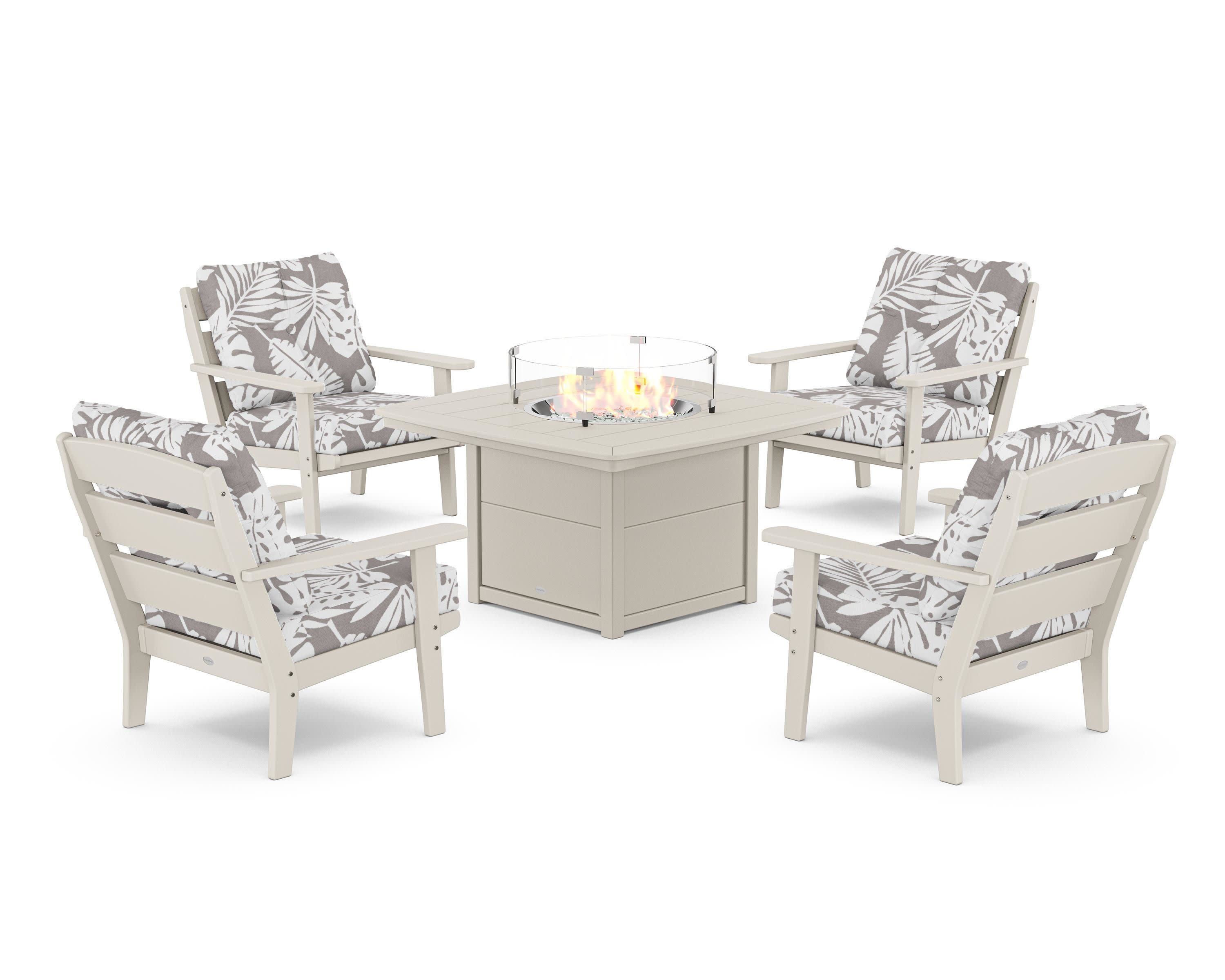 Lakeside 5-Piece Deep Seating Set with Nautical Fire Pit Table in Sand / Leaf Grey Mist