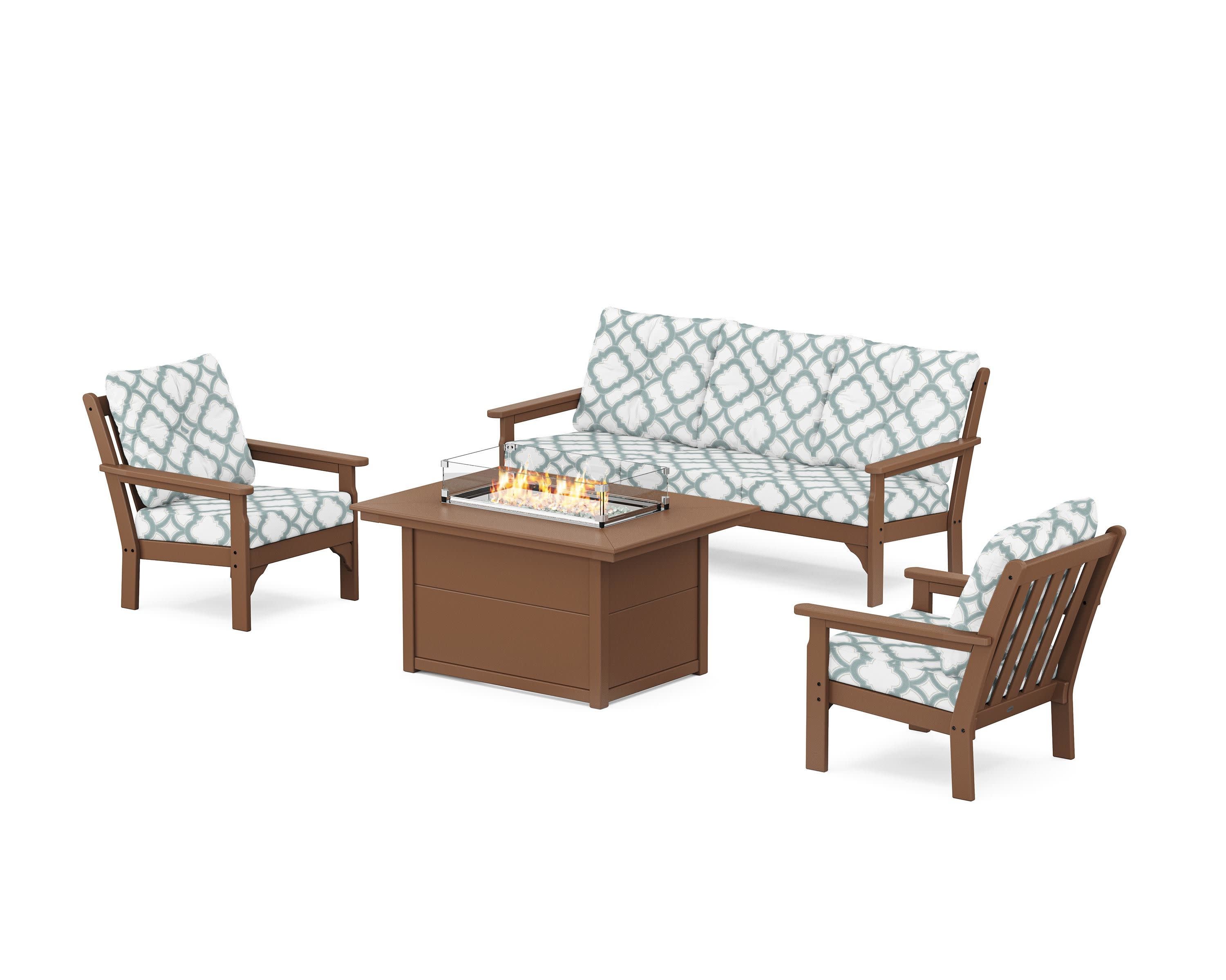 Vineyard Deep Seating Fire Pit Table Set in Teak / Trellis Glacier Spa
